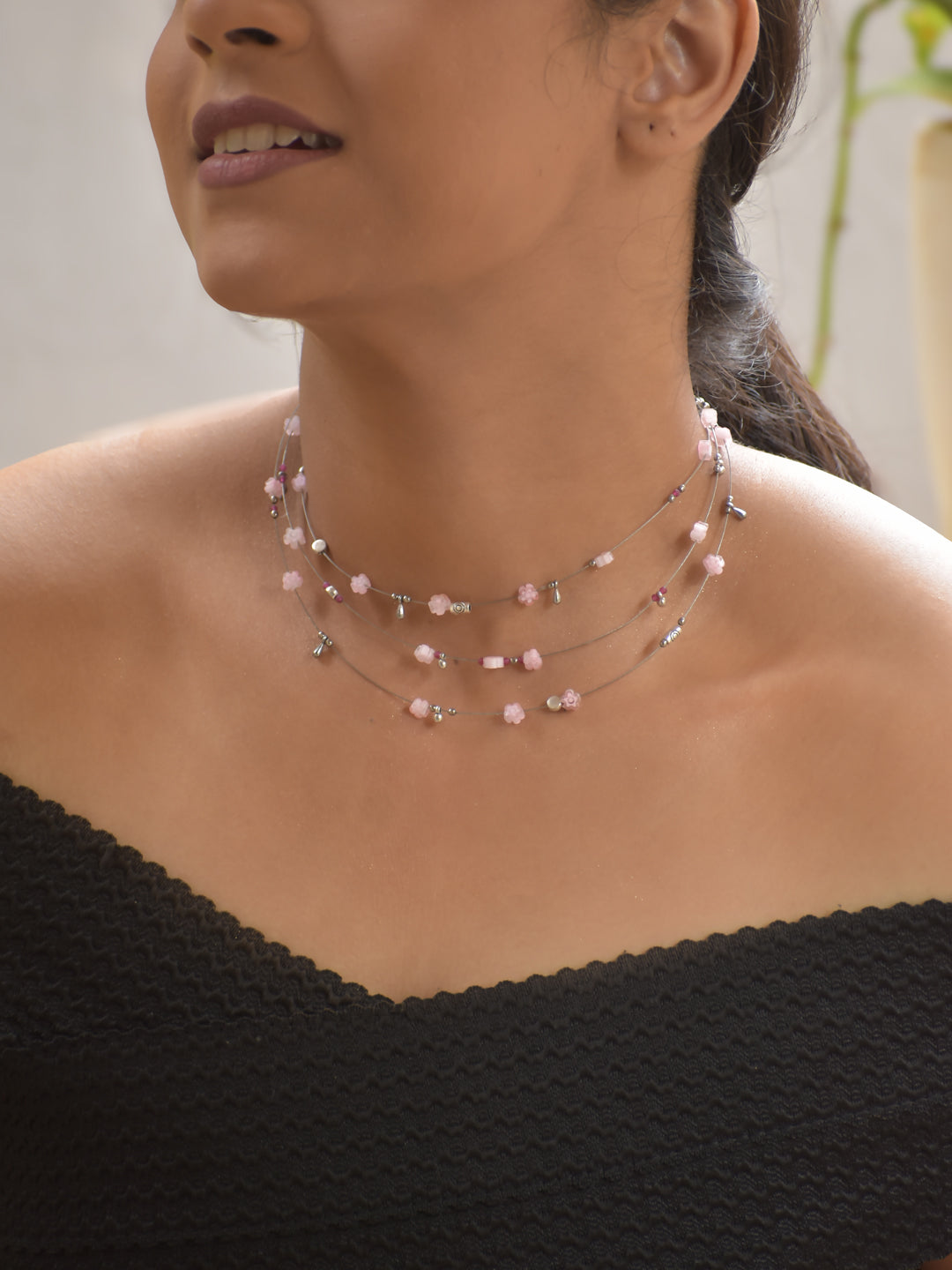 RoséBloom – Multi-Layer Pink Floral Beaded Necklace with German Silver Accents