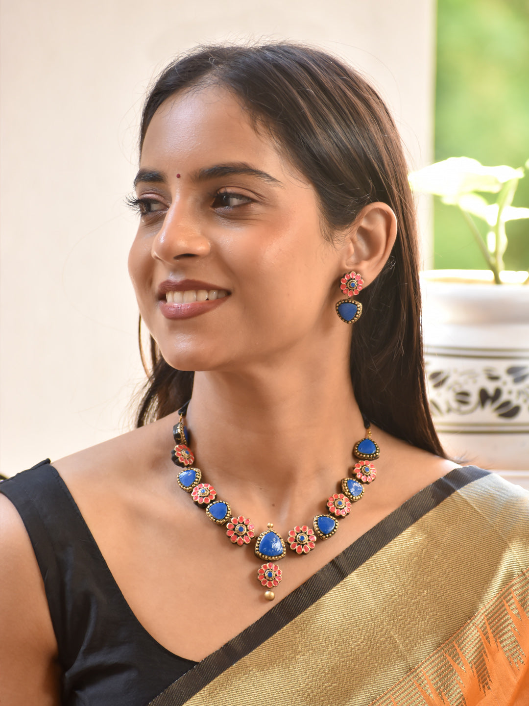 Floral Blue & Coral Handmade Terracotta Necklace Set