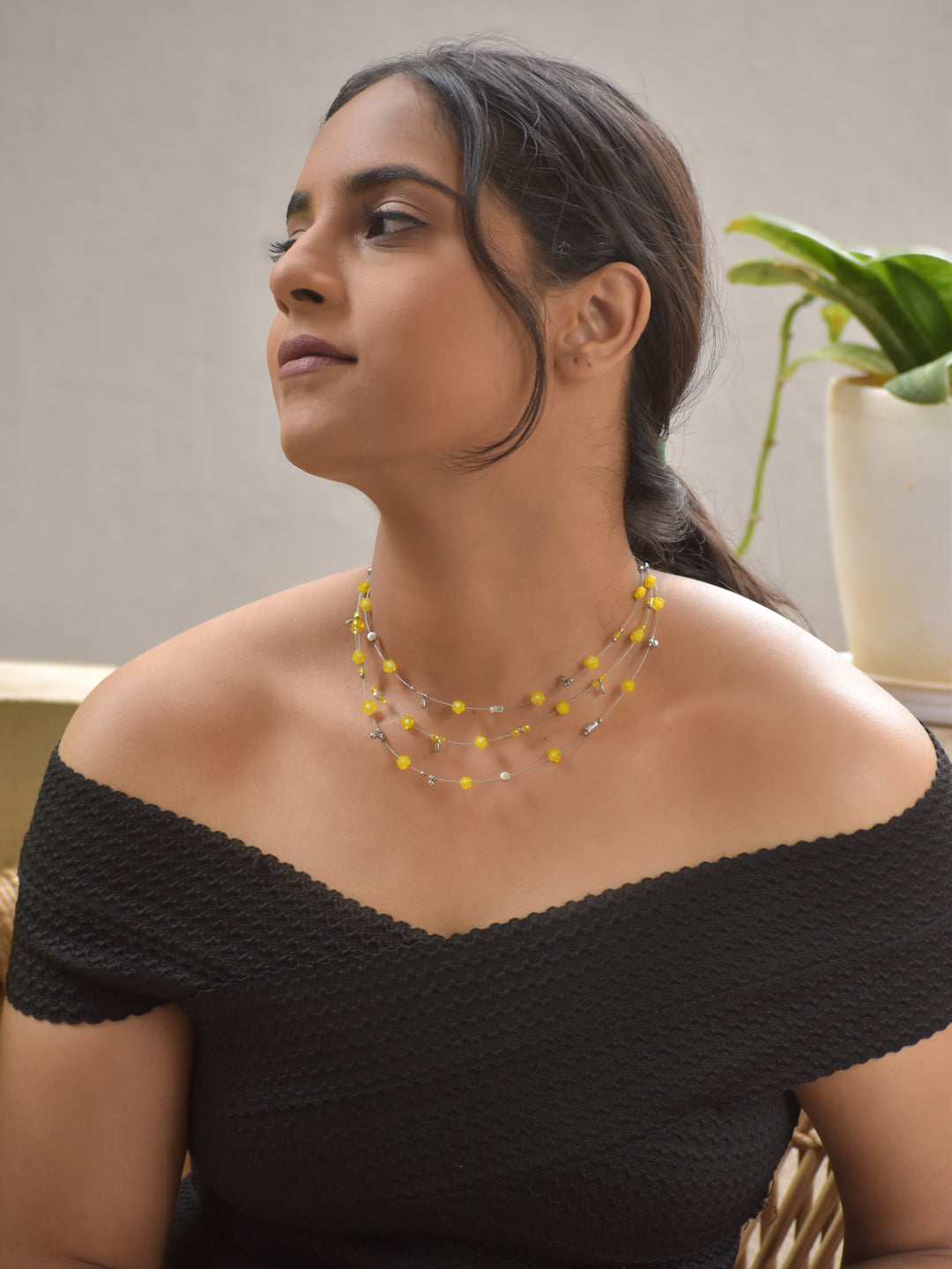 SunBloom – Yellow Floral Beaded Multi-Layer Necklace with German Silver Accents