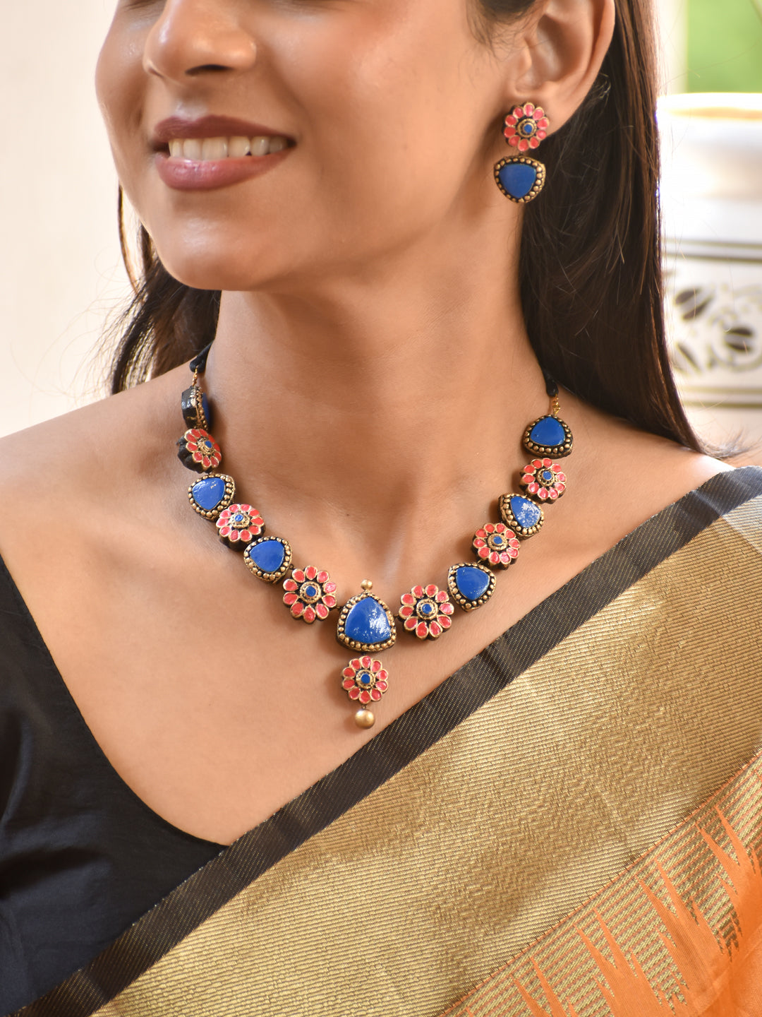Floral Blue & Coral Handmade Terracotta Necklace Set