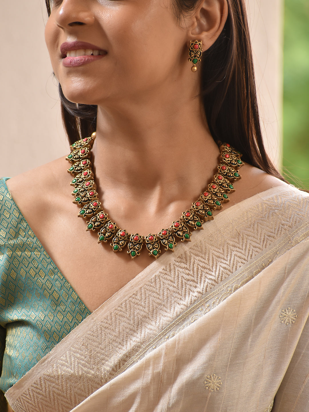 Terracotta Ruby Red & Emerald Green Floral Collar Necklace Set