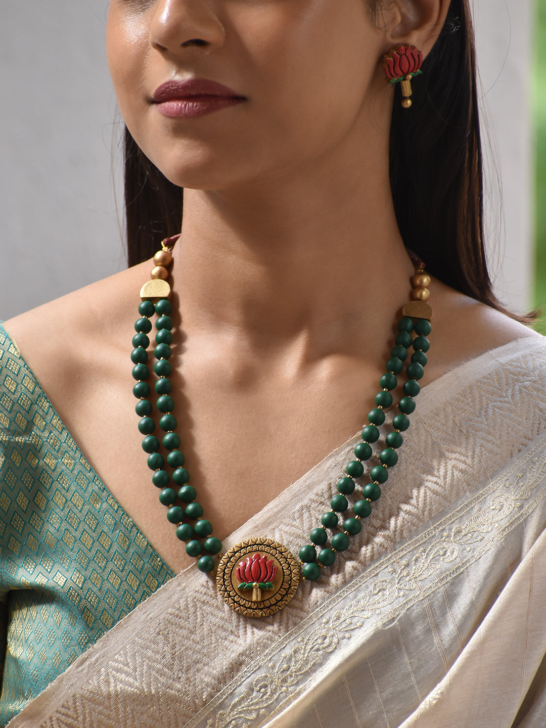 Terracotta Emerald Green Lotus Bead Necklace Set
