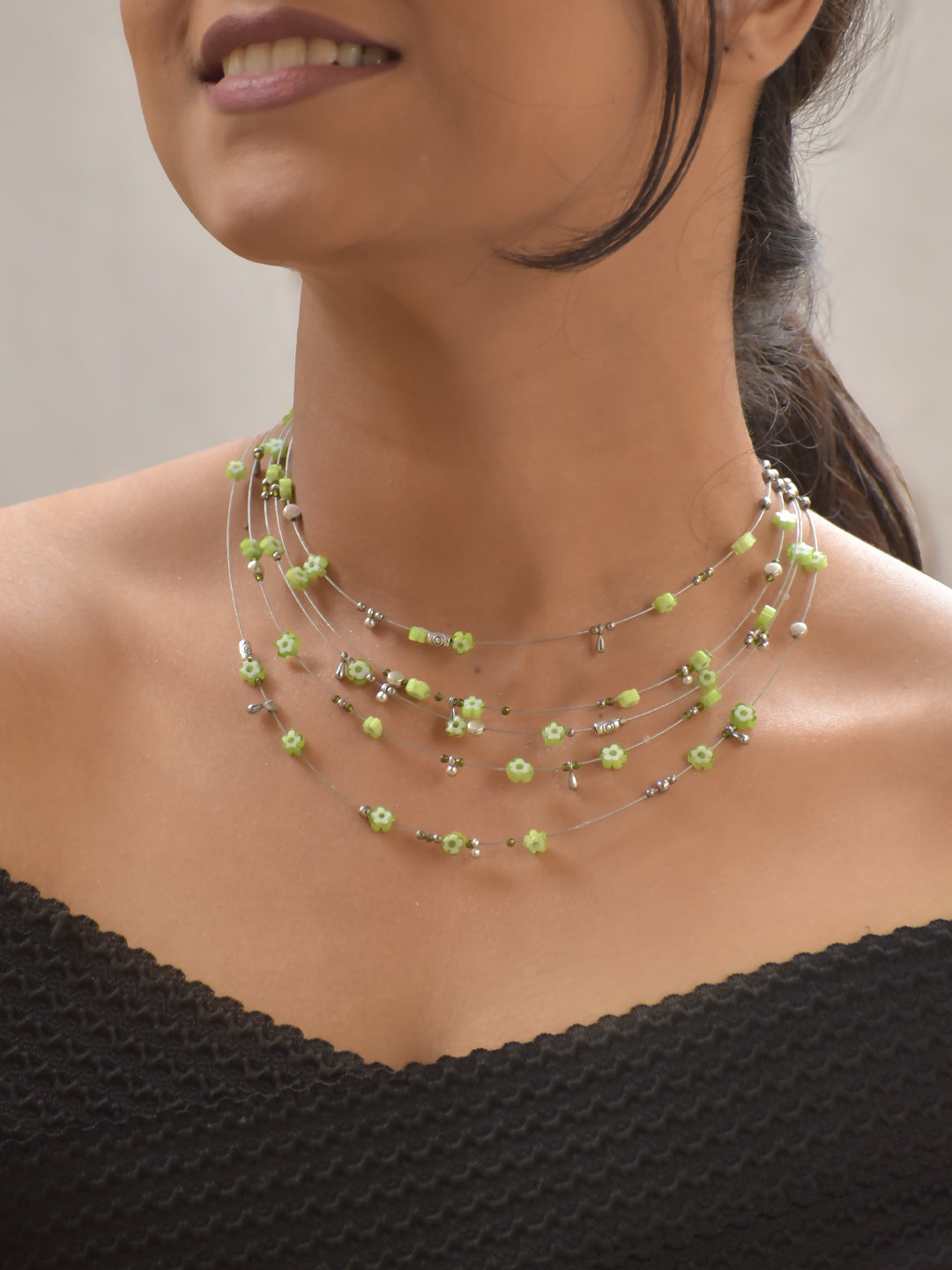 VerduraBloom – Green Floral Beaded Multi-Layer Necklace with German Silver Accents