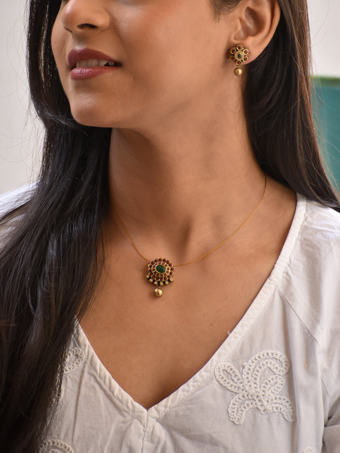Terracotta Red Floral Pendant Necklace with Green Stone Center & Gold Bead Drop Earrings