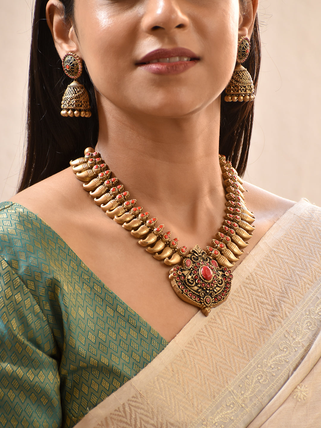 Terracotta Ruby Red Statement Collar Necklace Set