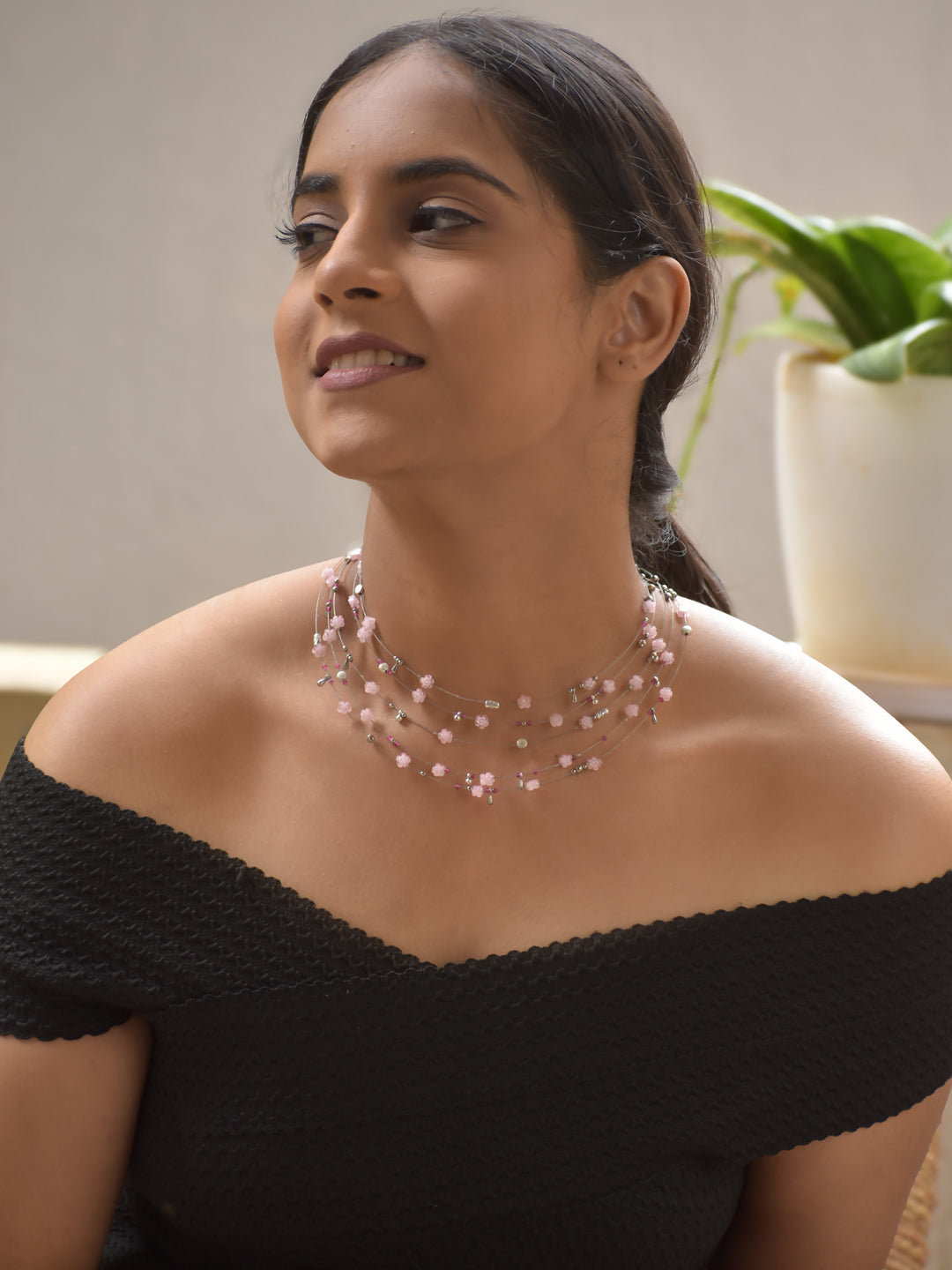 Primavera - Pink Floral Beaded Multi-Layer Necklaces with German Silver Accents