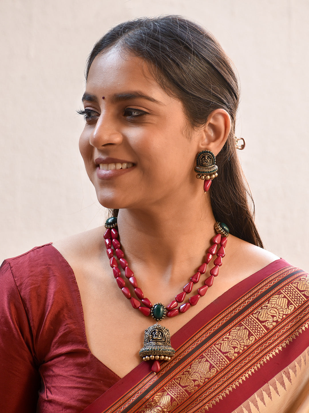 Samaradhana — Lakshmi Design Handmade Terracotta Necklace Set in Purple, Green, and Gold with Crimson Accents