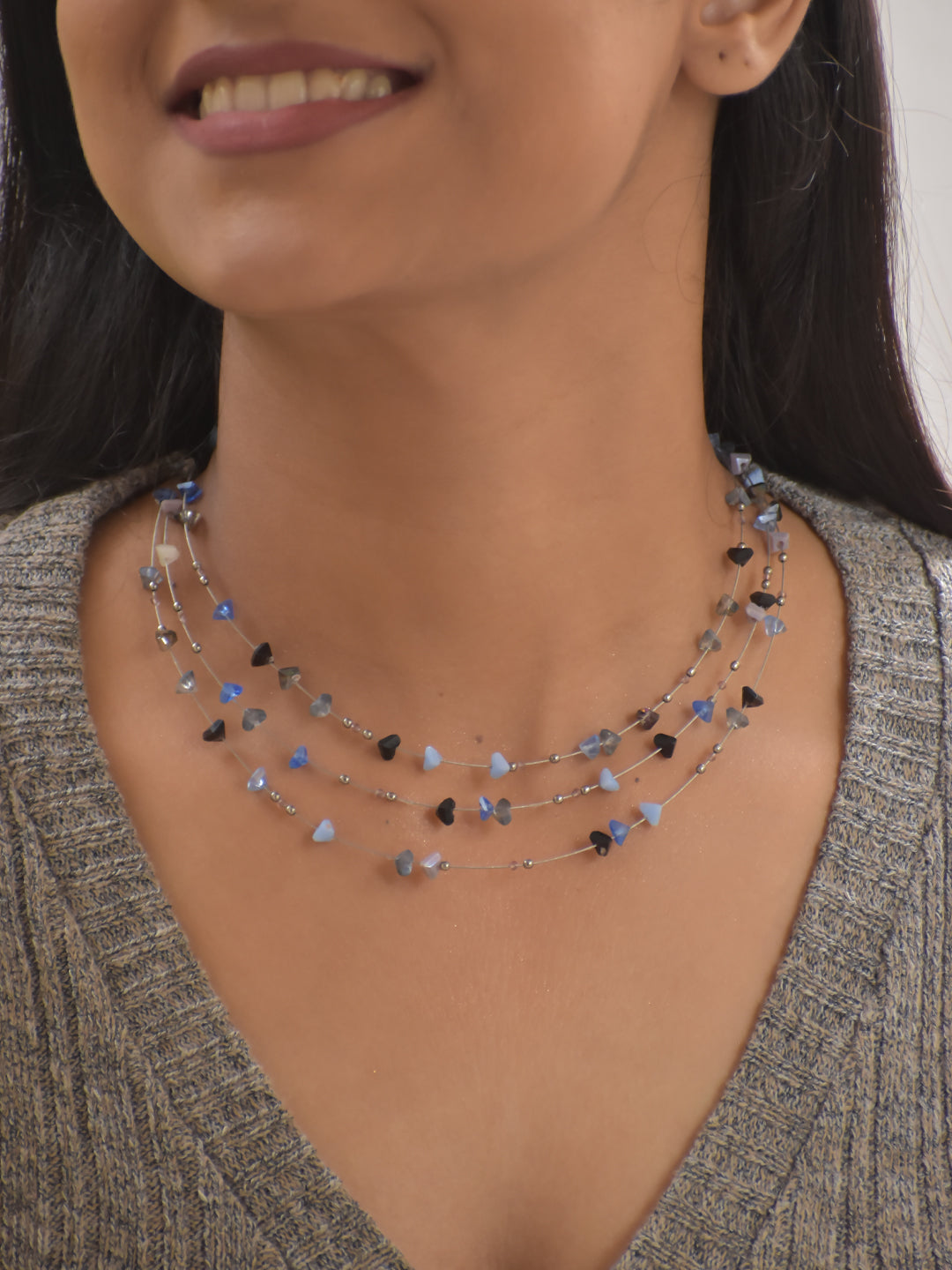 MystiLoom – Blue Black Agate Layered Necklace with German Silver Accent