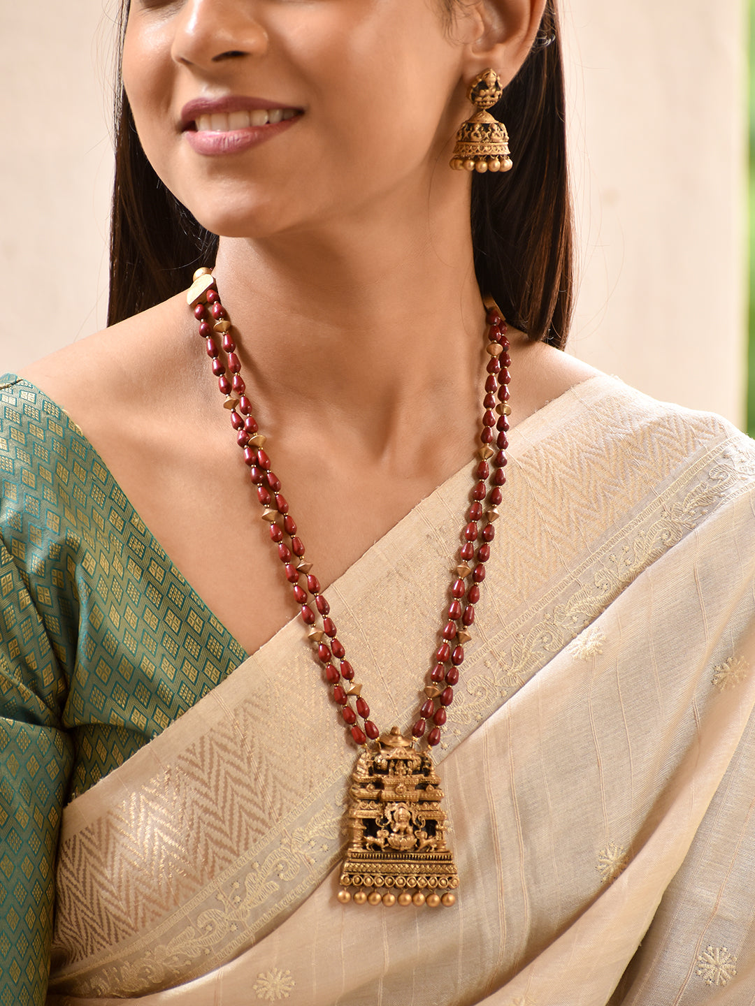 Terracotta Ruby Red & Emerald Green Floral Lakshmi Long Necklace Set