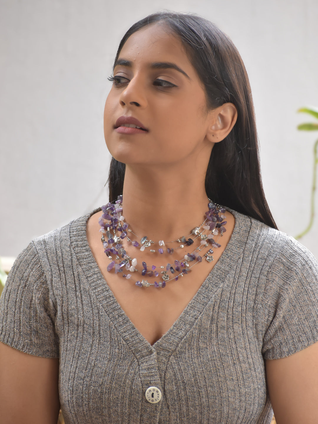 AmaraStone – Multi-Layer Deep Purple Amethyst Agate Necklace with German Silver Motifs