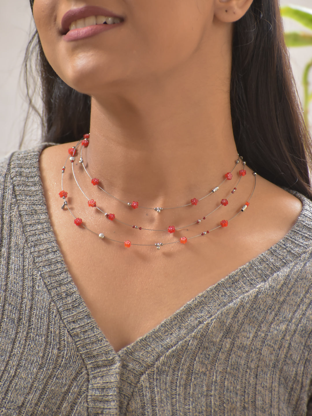 CrimsonBloom – Multi-Layer Red Beaded Necklace with German Silver Accents