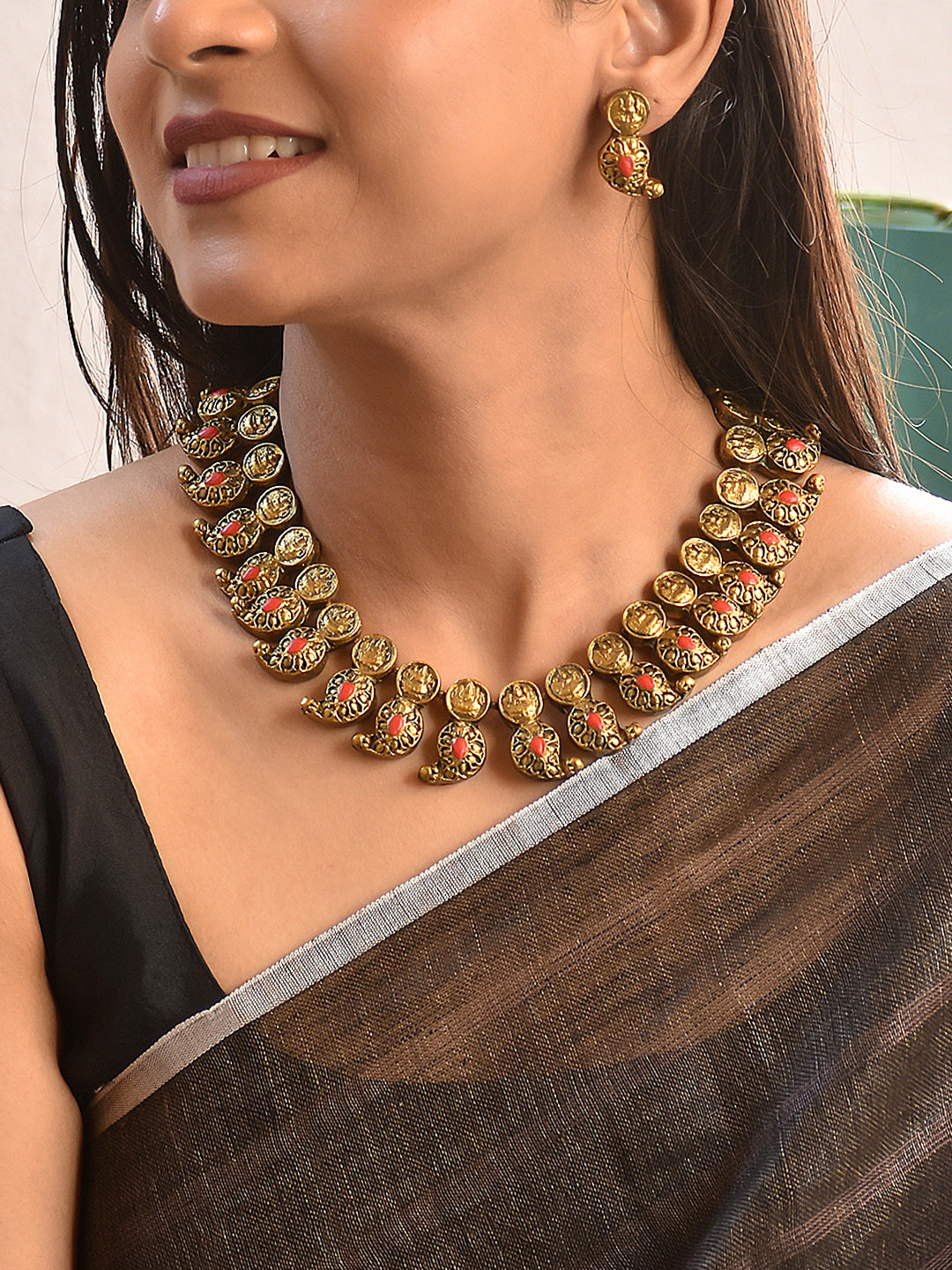 Terracotta Antique Gold Temple Paisley Choker with Coral Red Stone Detailing & Stud Earrings