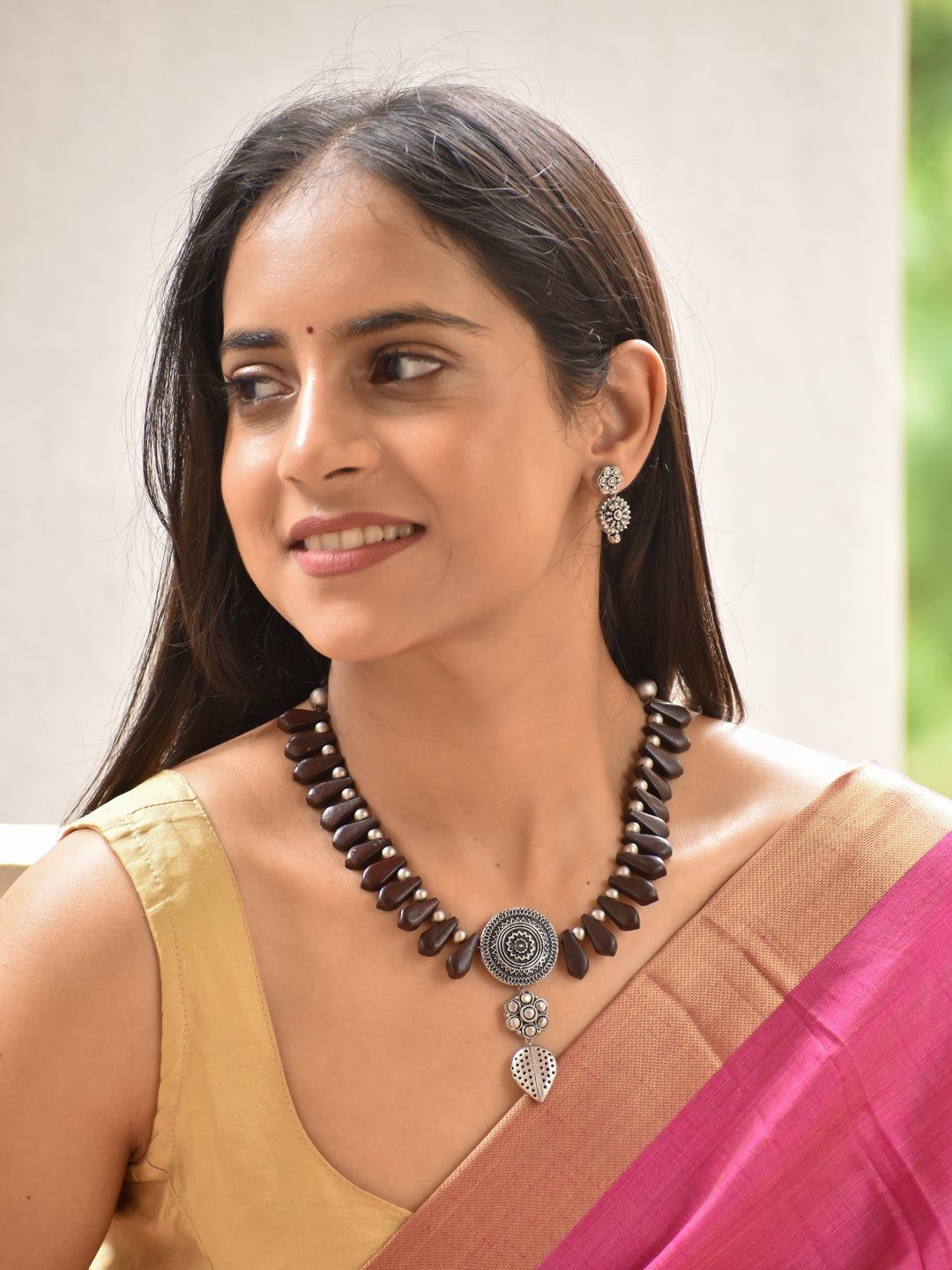 Tejal - lustrous Brown & Silver Fusion Handmade Terracotta Statement Necklace Set