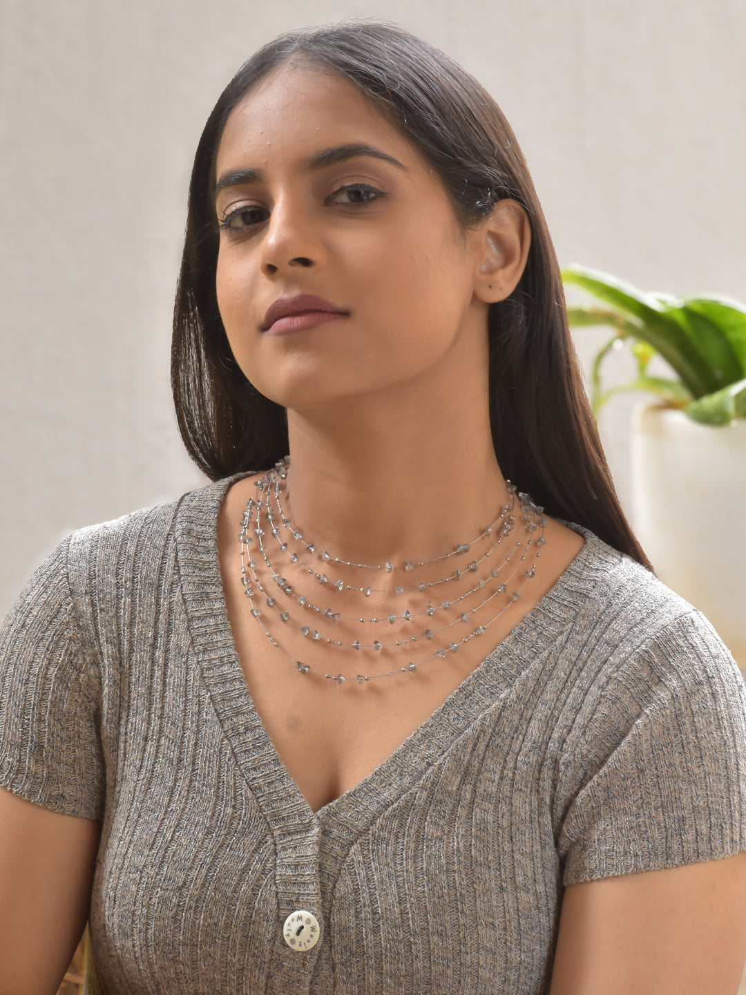 LunaGlow – Multi-Layer Smoky Grey Agate Gemstone Necklace with German Silver Accents, Layered Boho Statement Jewelry