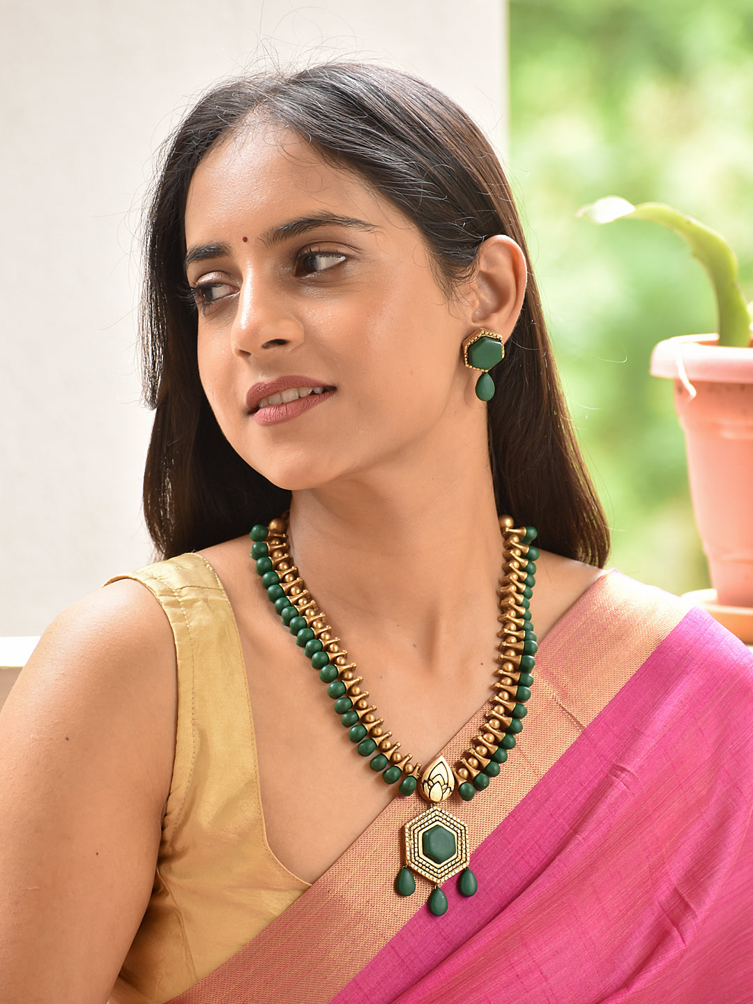 Ujjwala - luminous Emerald Beaded Hexagon Pendant Handmade Terracotta Necklace Set