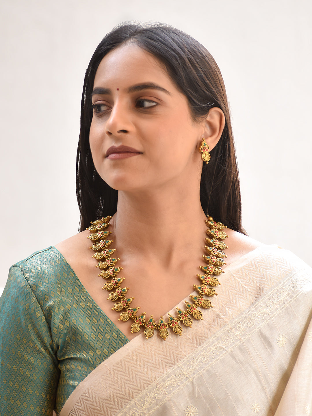 Terracotta Antique Gold Temple Coin Necklace with Multicolor Floral Motifs & Drop Earrings