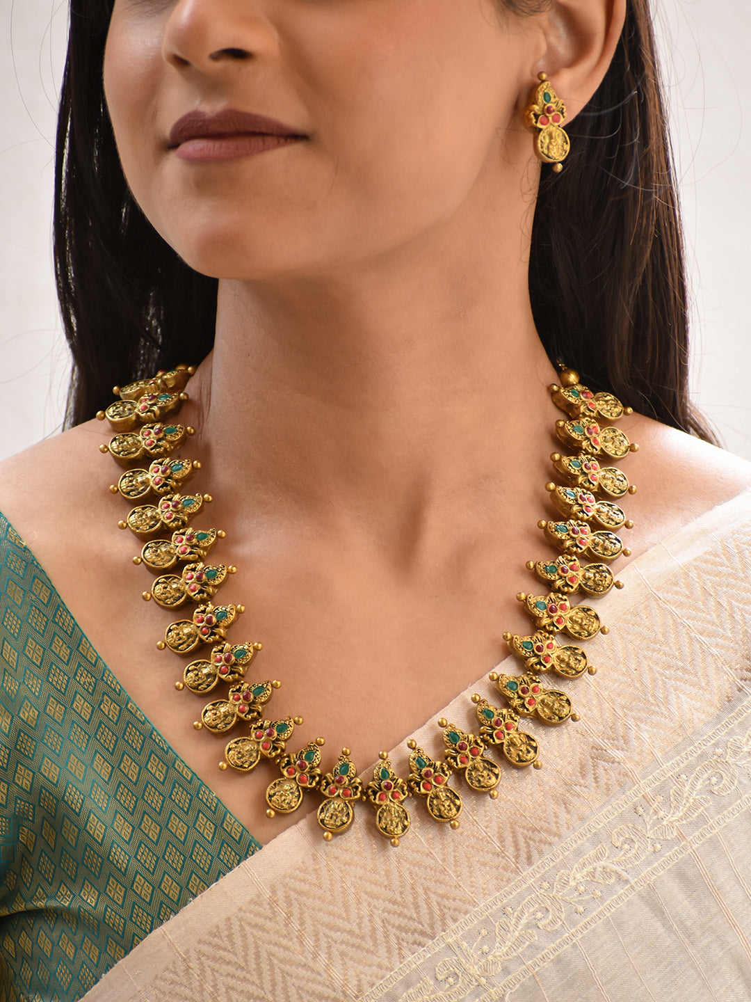 Terracotta Antique Gold Temple Coin Necklace with Multicolor Floral Motifs & Drop Earrings