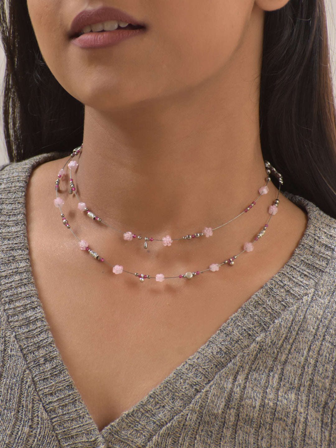 Primrose – Pink Floral Beaded Two-Layer Necklace with German Silver Accents