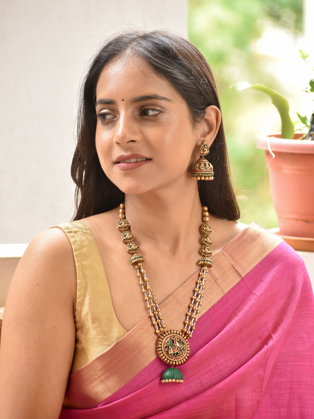Indira - goddess Lakshmi Temple Lakshmi Dual Layer Handmade Terracotta Long Necklace Set