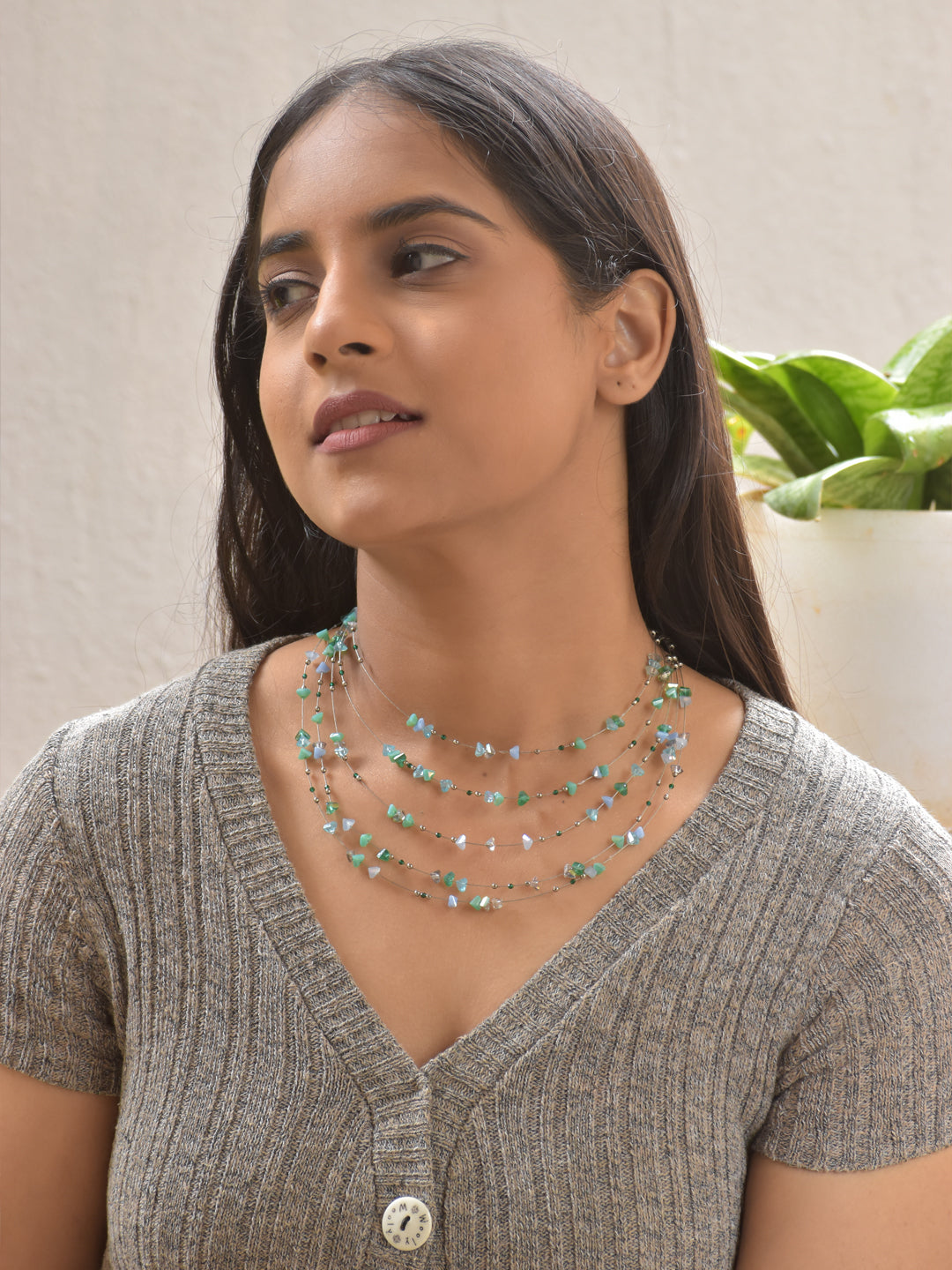 Verdiglow – Green & Blue Agate Multi-Layer Necklace with German Silver Accents