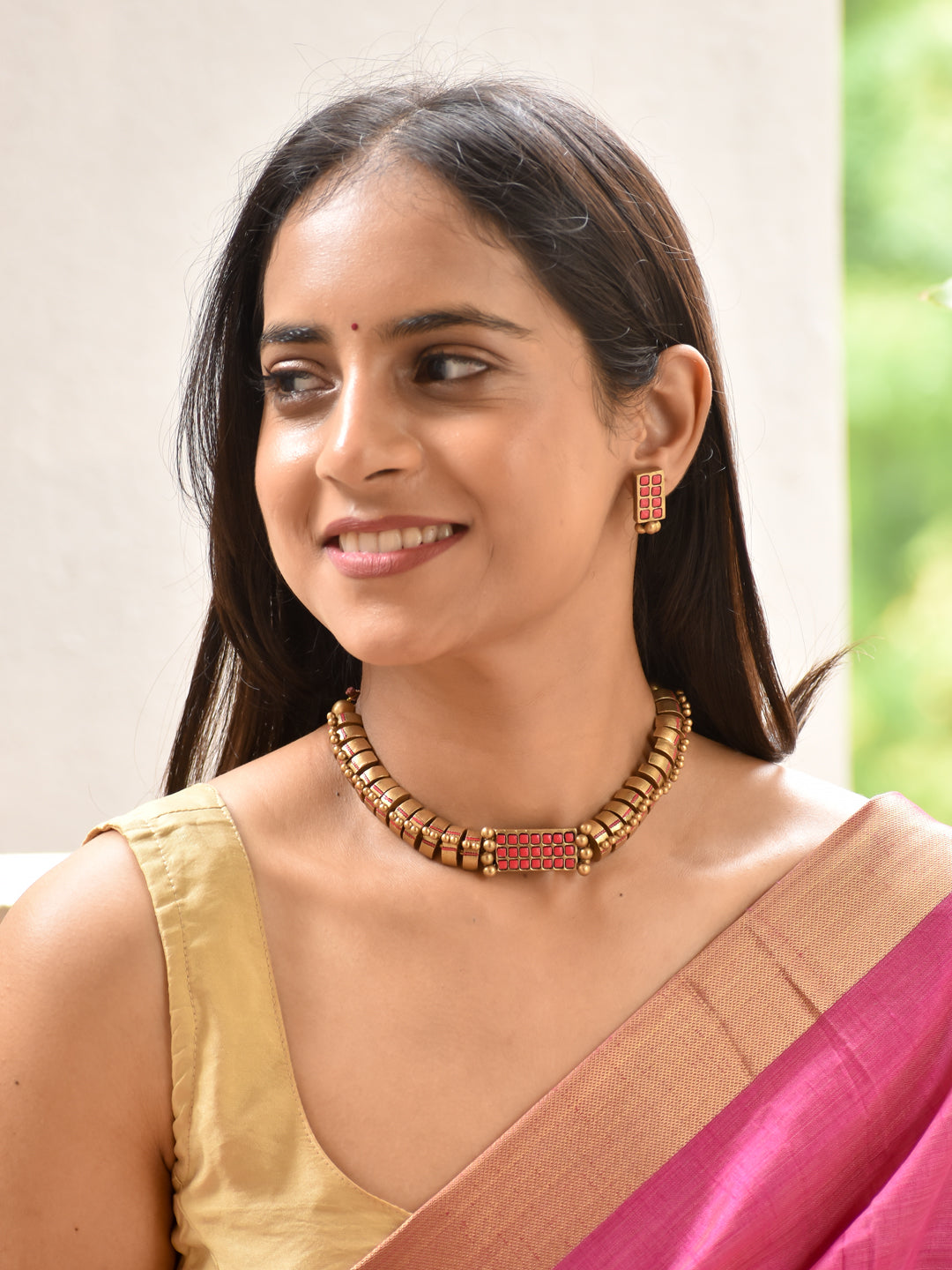 Raagini - melody Ruby Grid Handmade Terracotta Choker Necklace Set