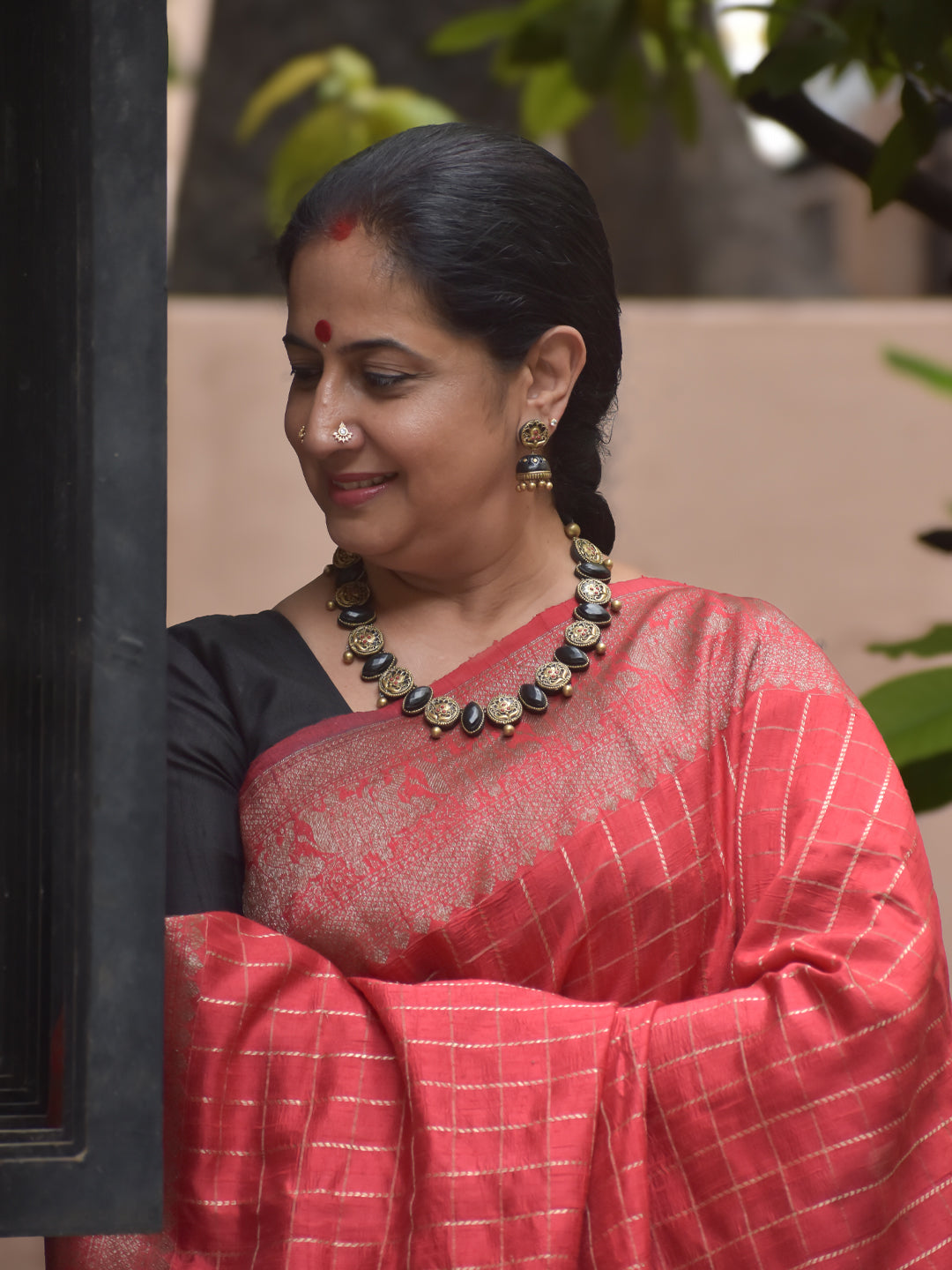 Krithika - Handmade Terracotta Necklace Set – Black Oval Beads with Antique Floral Medallions Matching Earrings