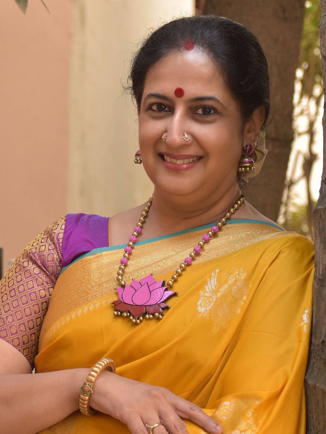 Terracotta Pink Lotus Pendant Beaded Necklace With Jhumkas