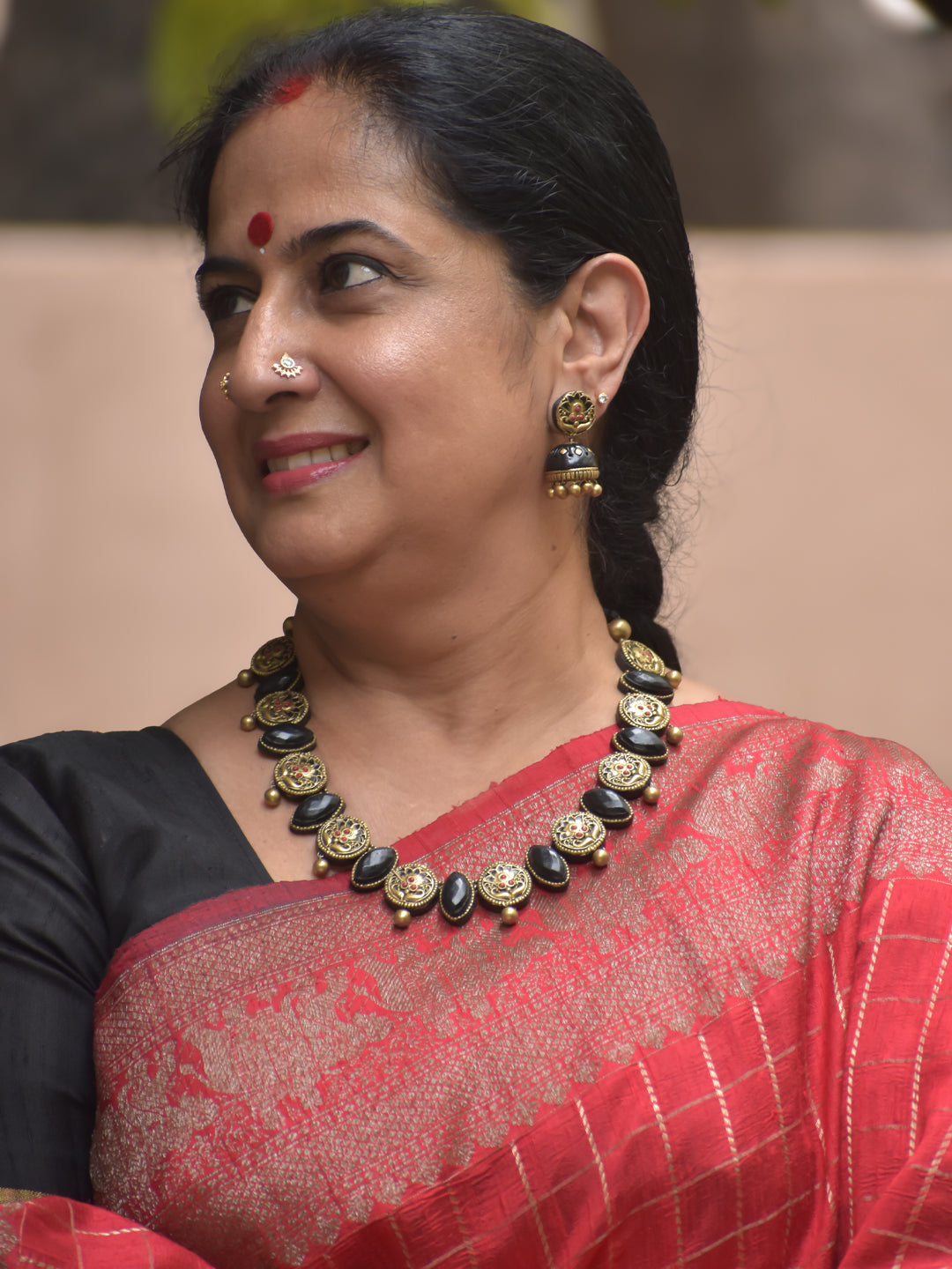 Krithika - Handmade Terracotta Necklace Set – Black Oval Beads with Antique Floral Medallions Matching Earrings