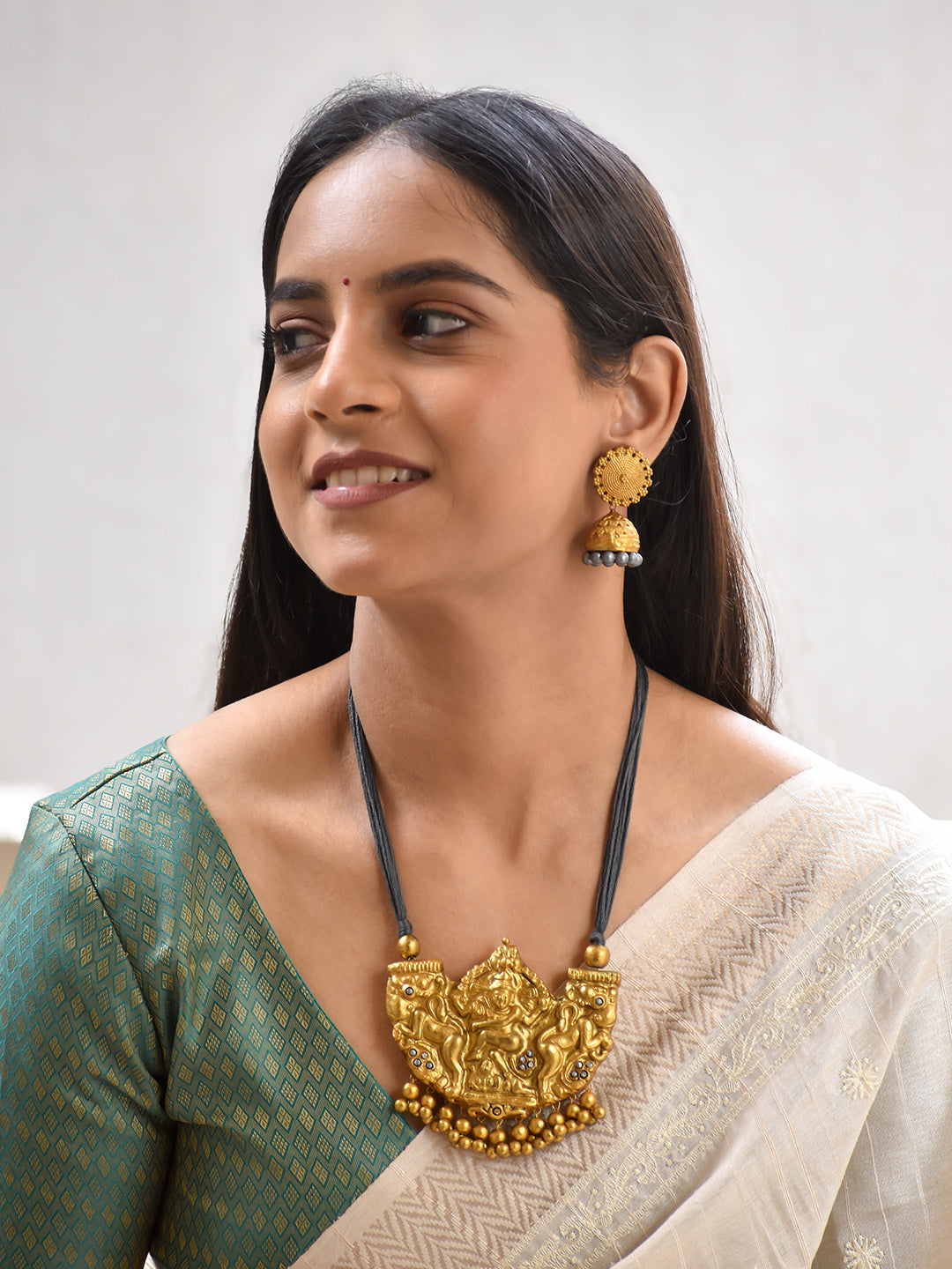 Terracotta Antique Gold Temple Pendant Necklace with Black Thread & Jhumka Earrings