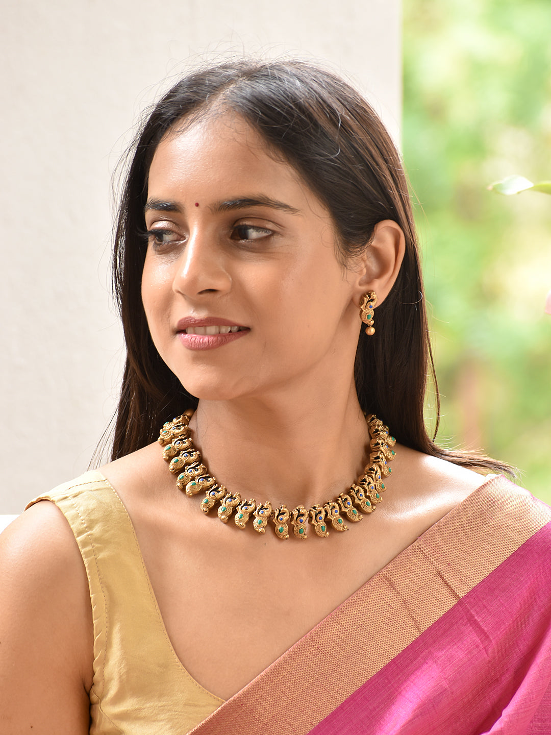 Aadya - the primordial Antique Peacock Motif Handmade Terracotta Choker Necklace Set