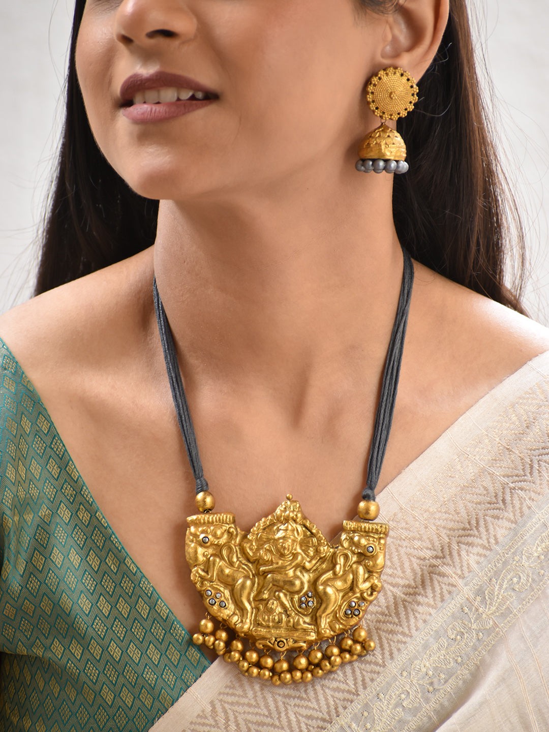 Terracotta Antique Gold Temple Pendant Necklace with Black Thread & Jhumka Earrings