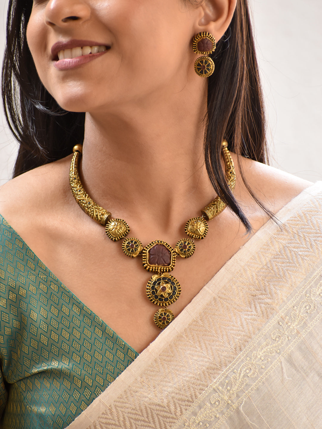 Terracotta Antique Gold Choker Necklace with Carved Stone Pendant & Floral Drops