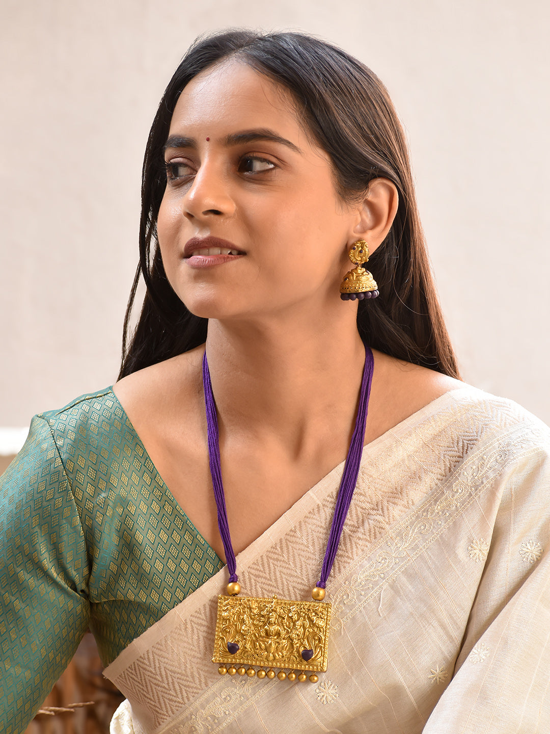 Terracotta Antique Gold Temple Pendant Necklace with Purple Thread Cord