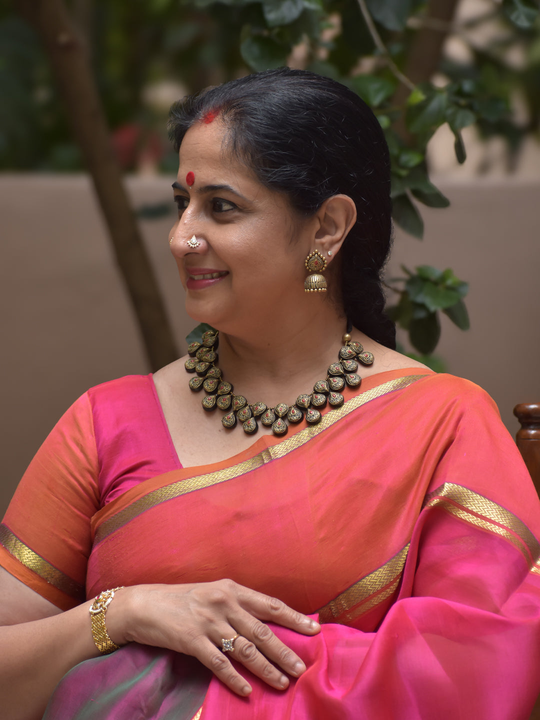 Paisalya - Handmade Terracotta Necklace Set – Antique Gold Paisley Motifs with Red Green Accents Matching Earrings