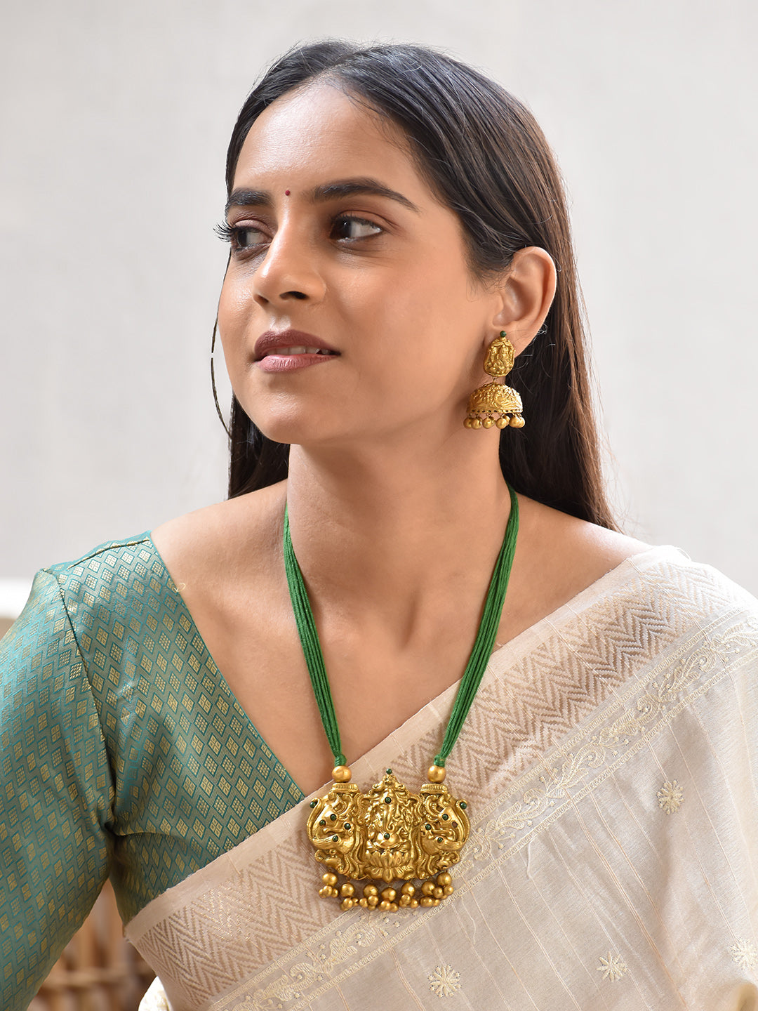 Terracotta Antique Gold Ganesha Temple Pendant Necklace with Green Thread