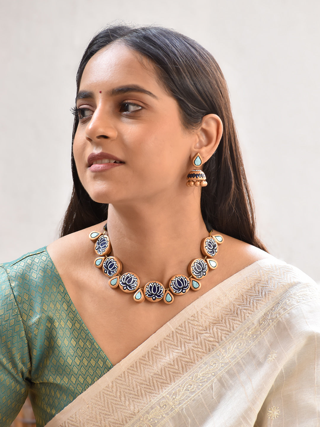 Terracotta Lotus Motif Choker Necklace with Blue Hand-Painted Floral Design