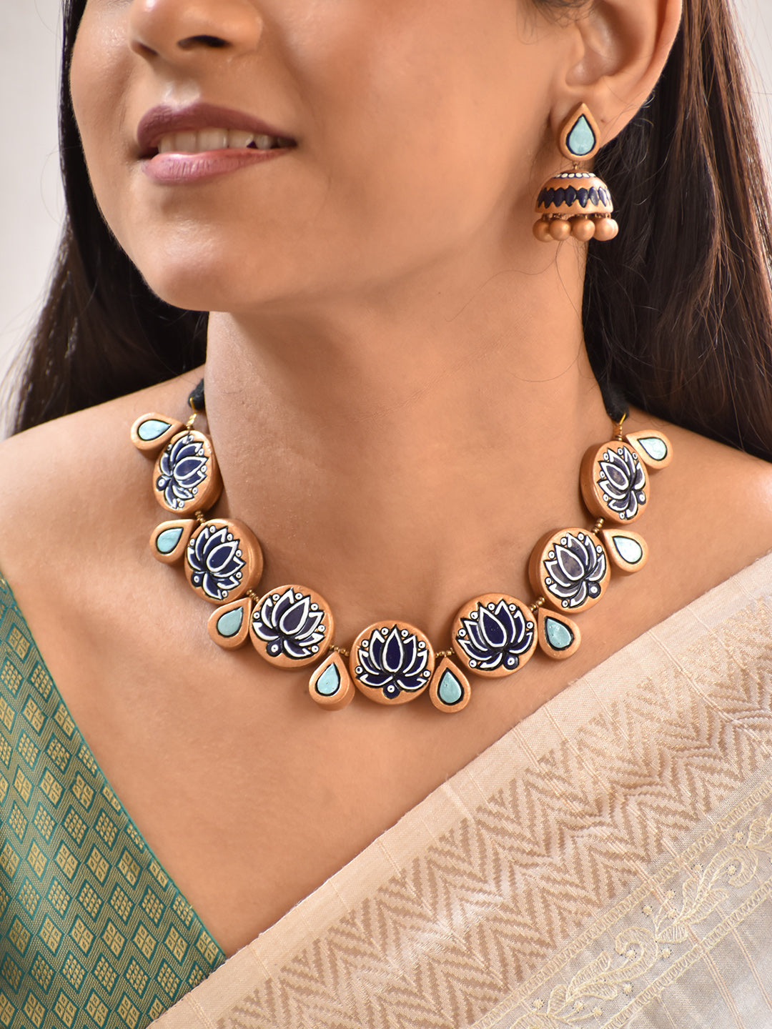 Terracotta Lotus Motif Choker Necklace with Blue Hand-Painted Floral Design