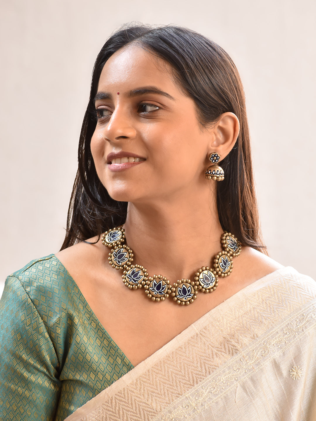 Terracotta Black Lotus Motif Beaded Choker Necklace