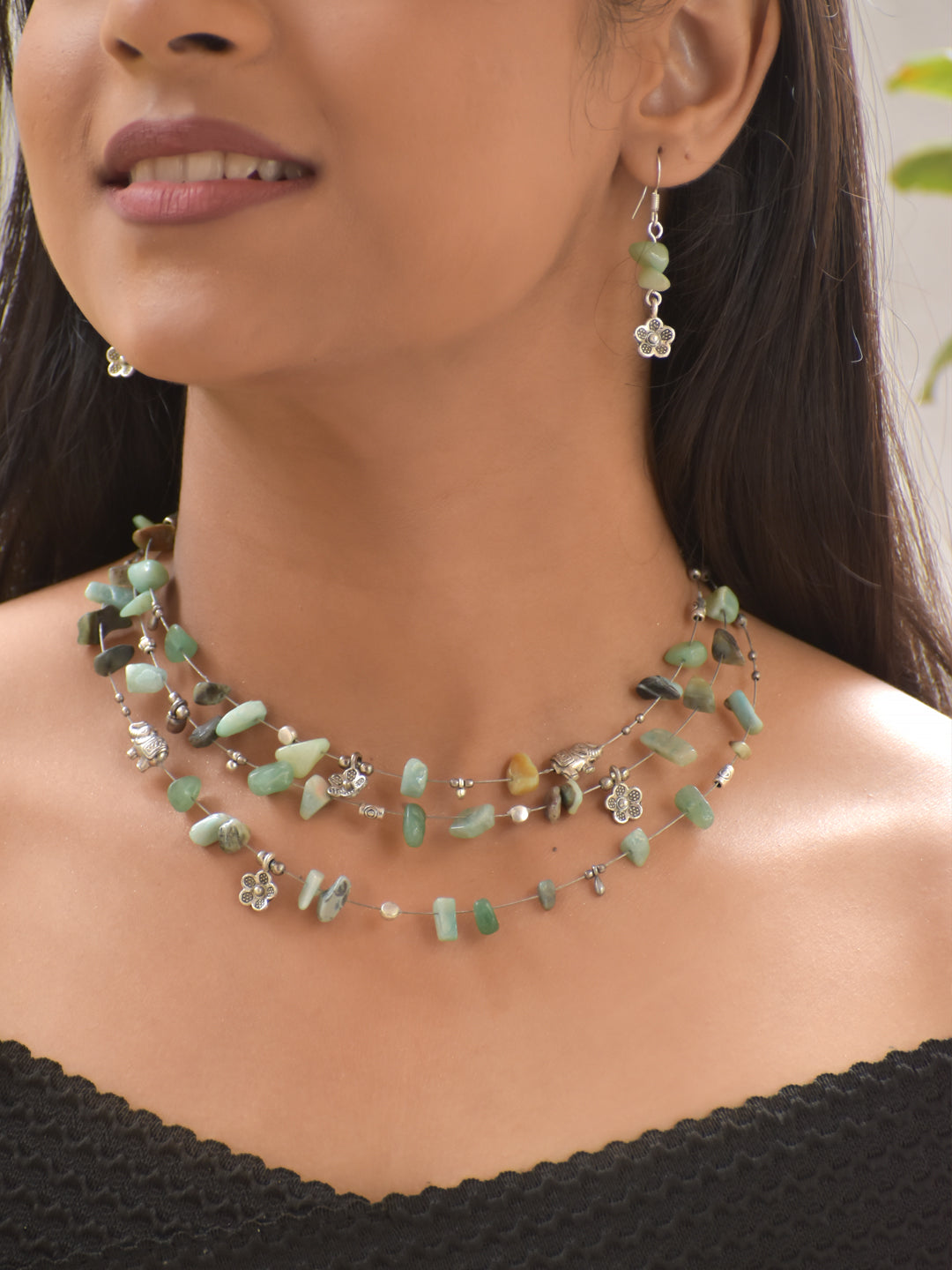 EmeraCharm – Multi-Layer Green Agate Gemstone Necklace Set with German Silver Motifs