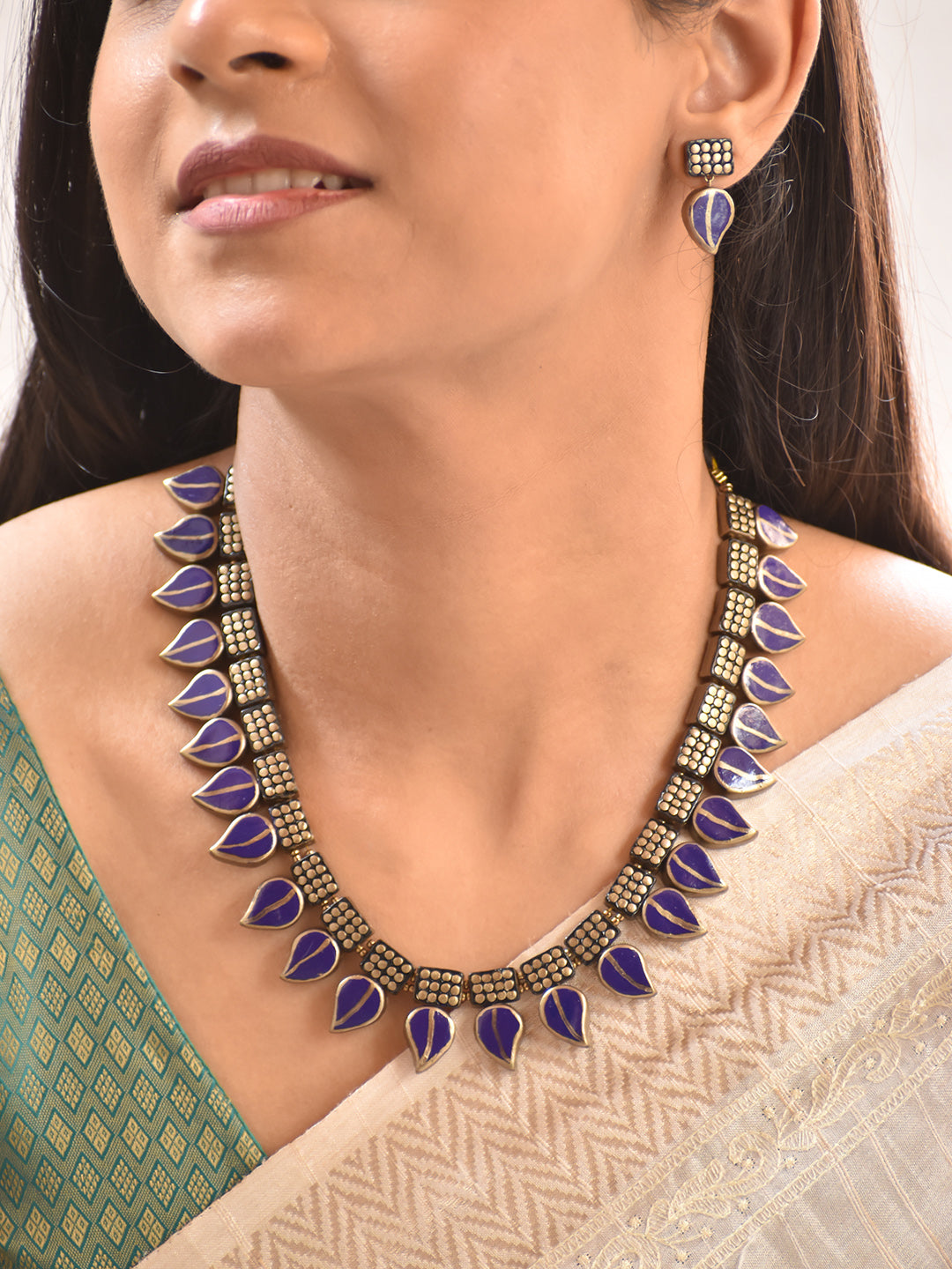 Terracotta Blue Teardrop Motif Choker Necklace with Geometric Bead Detailing
