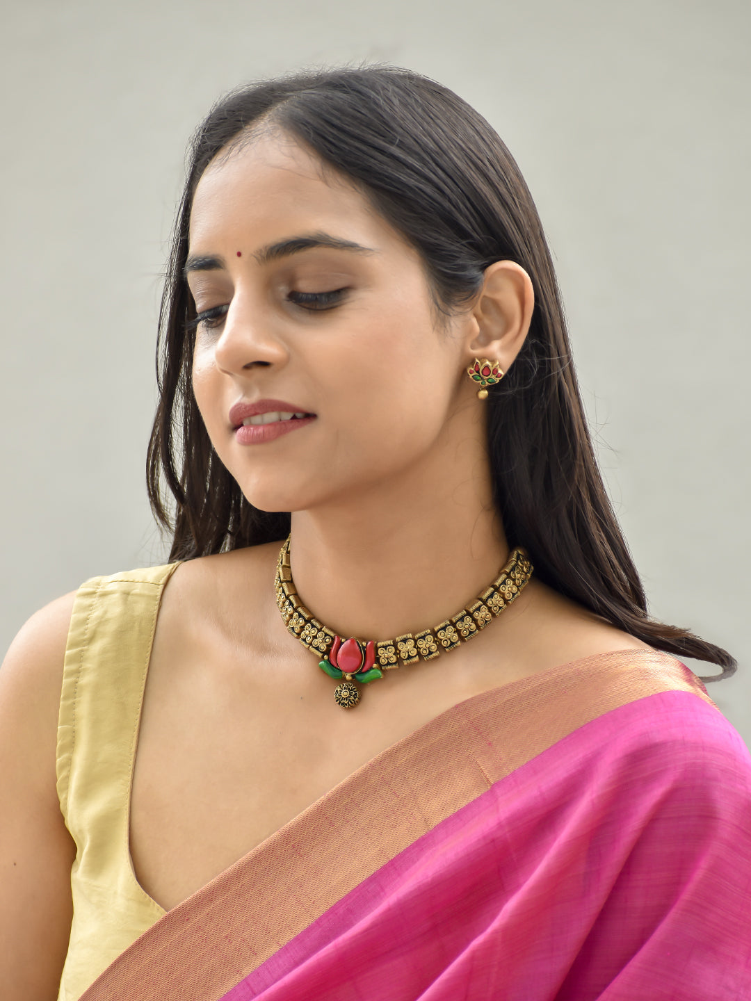 Archana - worship offering Lotus Bloom Antique Choker Necklace Set