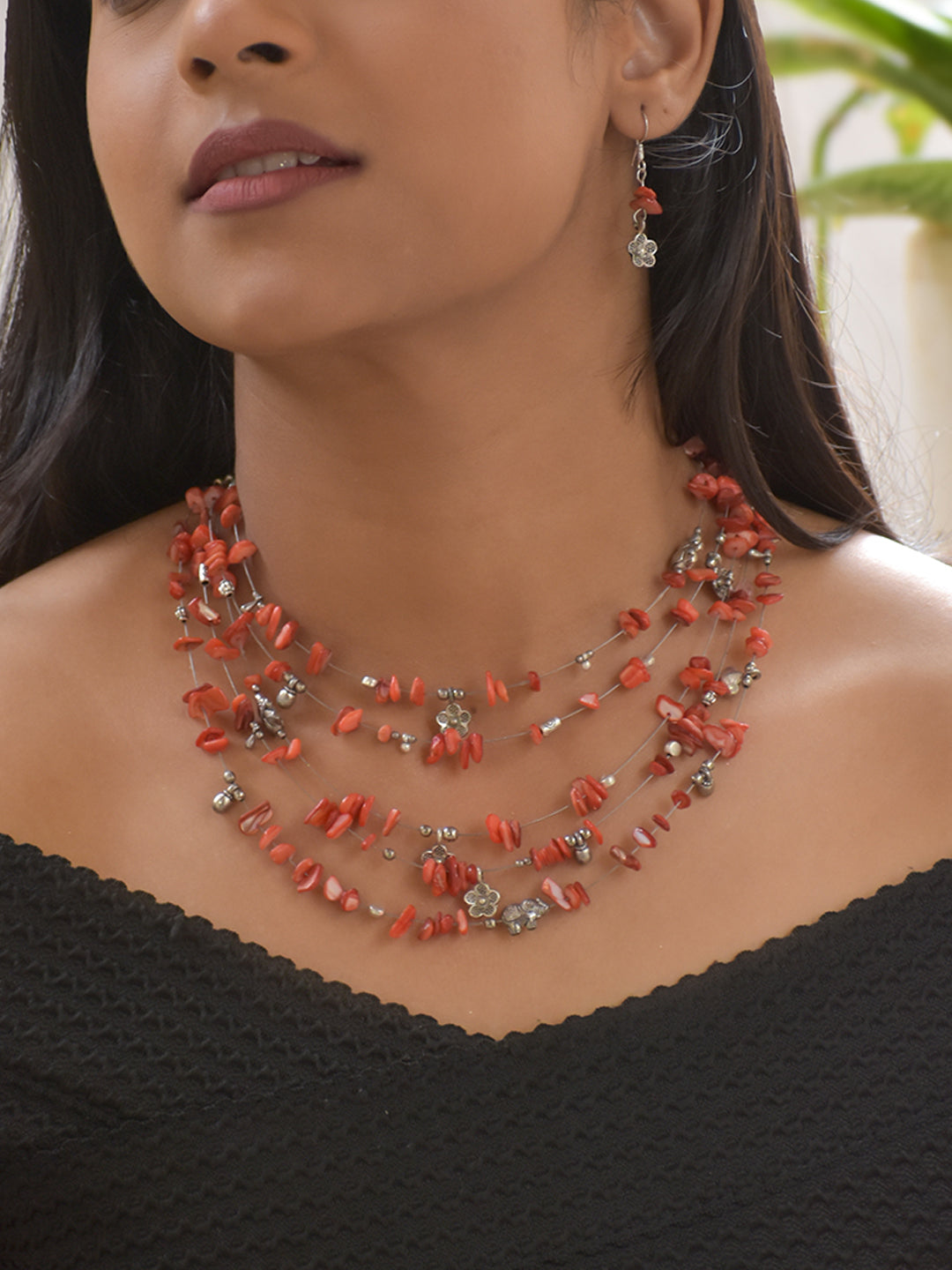 Solevia – Multi-Layer Orange Agate Necklace with German Silver Motifs