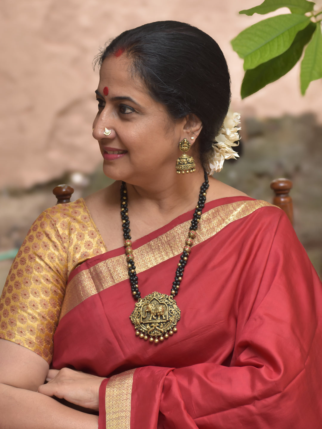 Gajapriya - Handmade Terracotta Elephant Motif Necklace Set with Black Beads and Antique Finish Earrings