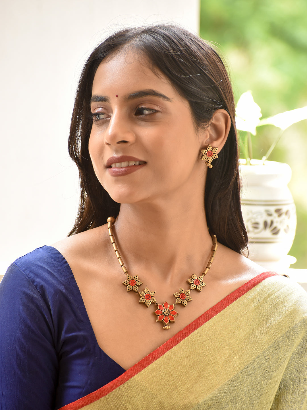 Coral Blossom Handmade Terracotta Necklace Set