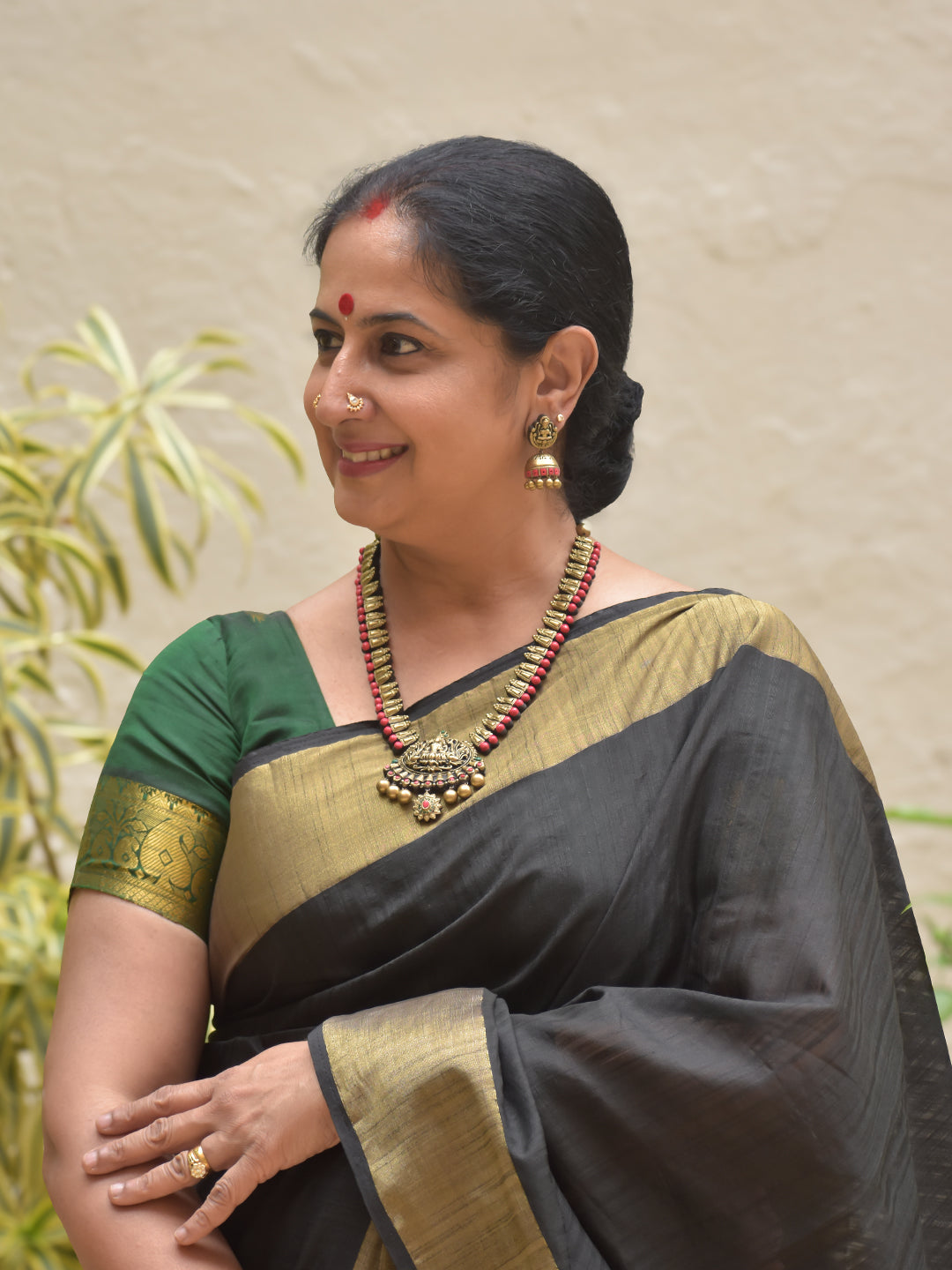 Varnika - Handmade Terracotta Lakshmi Pendant Necklace Set with Red Beads and Antique Gold Finish Earrings