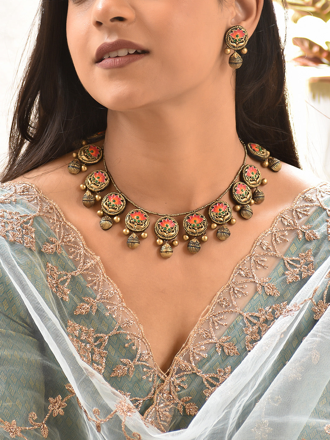 Kamala — Lotus Floral Choker Set in Coral Pink & Antique Gold