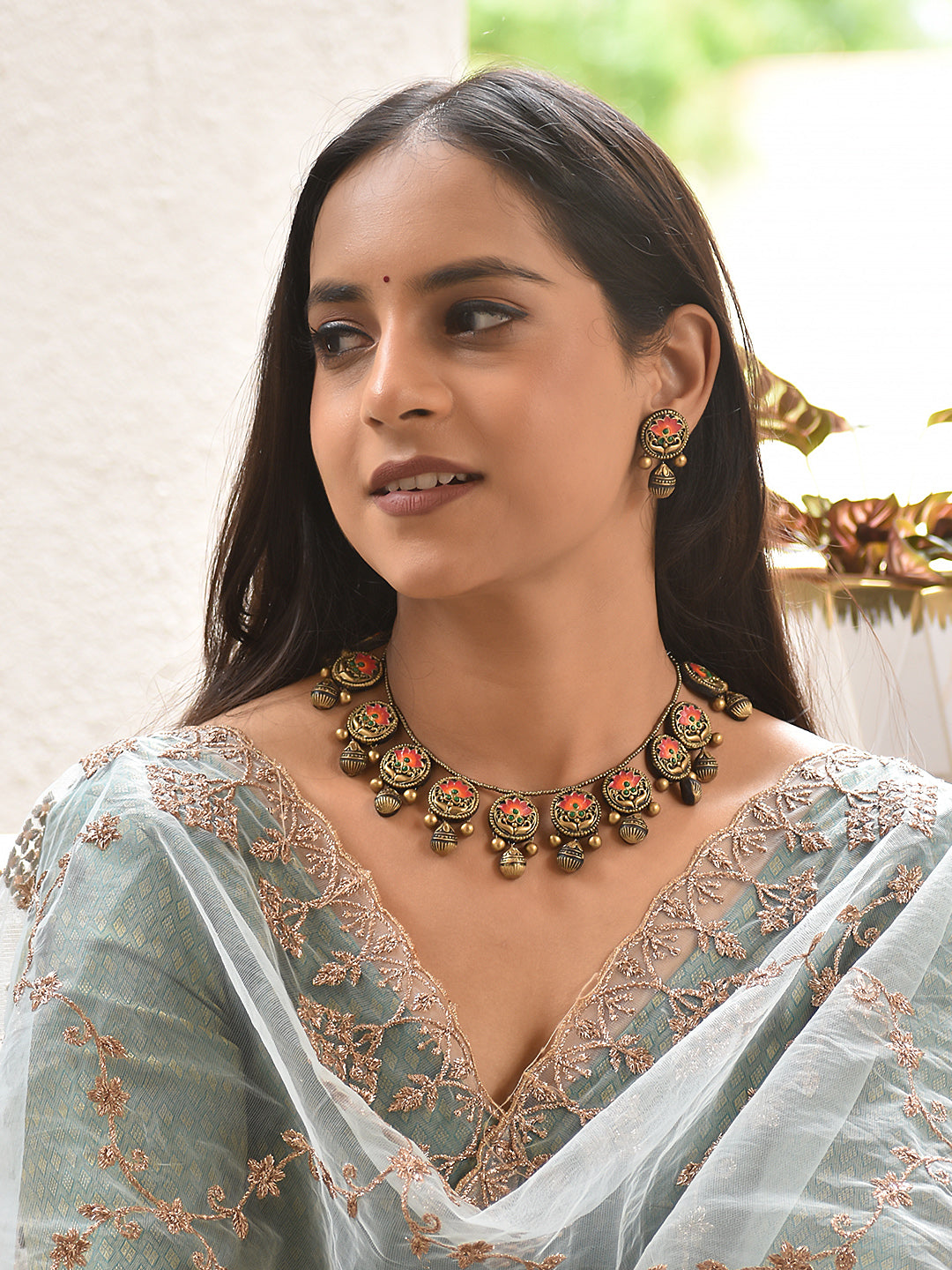 Kamala — Lotus Floral Choker Set in Coral Pink & Antique Gold