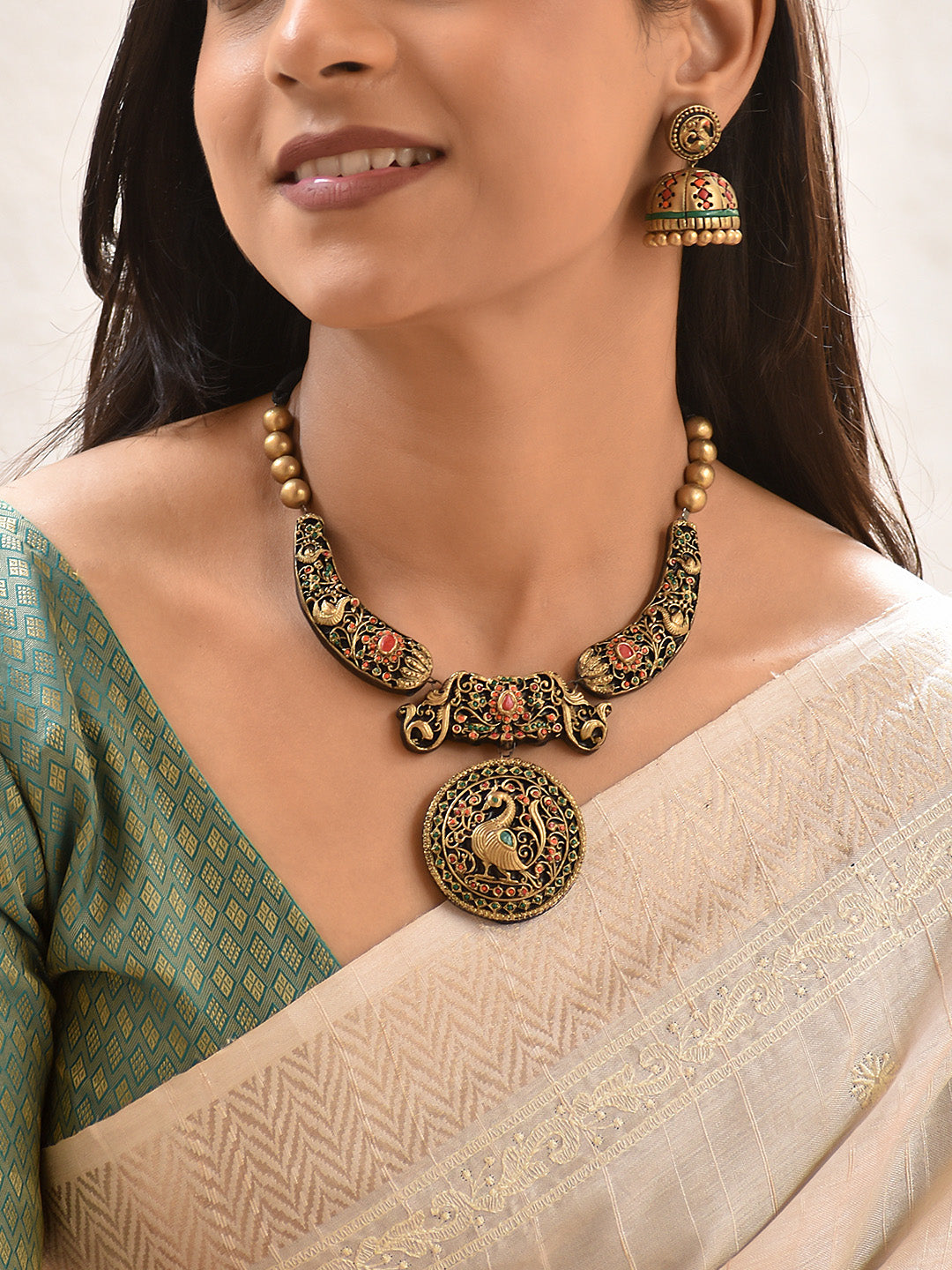 Neelamayuri — Hand-Painted Peacock Statement Necklace Set in Black & Antique Gold