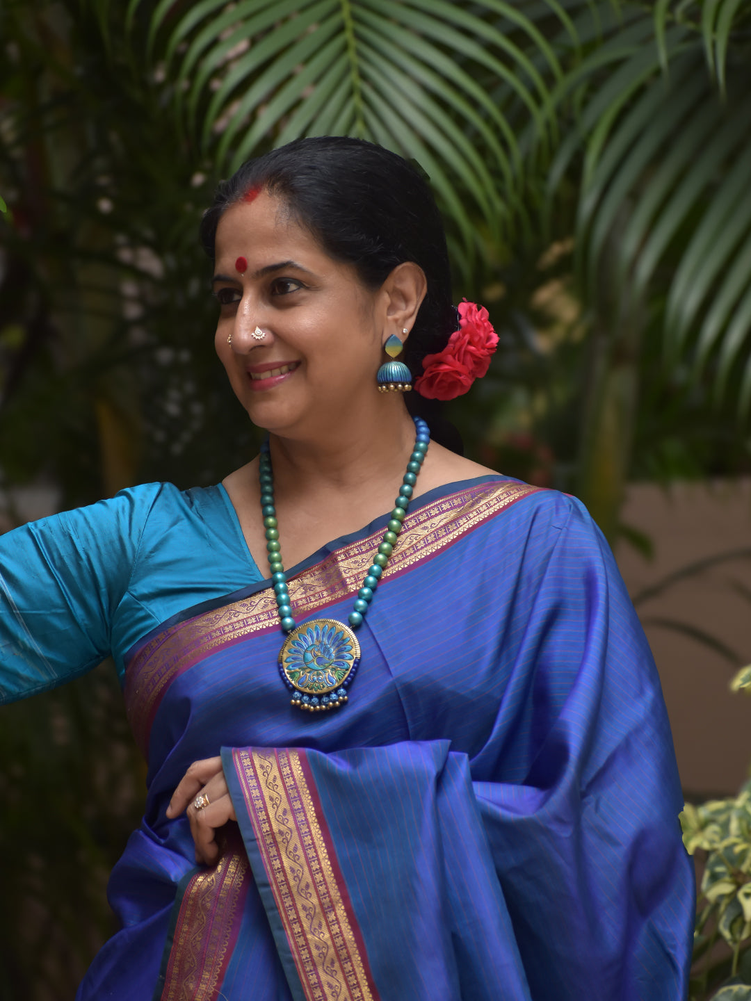 Neela - Handmade Terracotta Peacock Motif Necklace Set – Blue & Green Beads and Matching Earrings