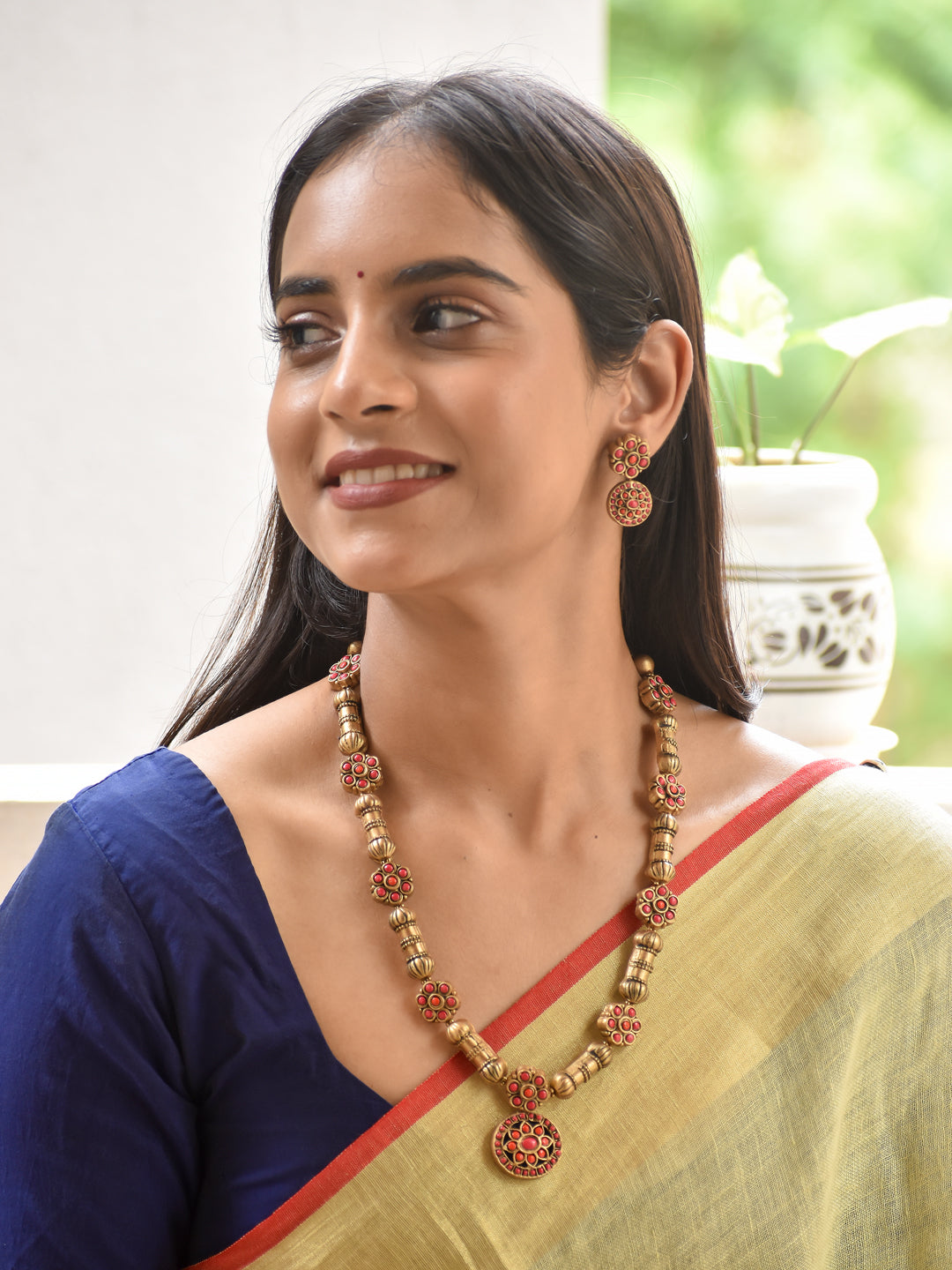 Hamsini - goddess Saraswati Ruby Floral Long Handmade Terracotta Necklace Set